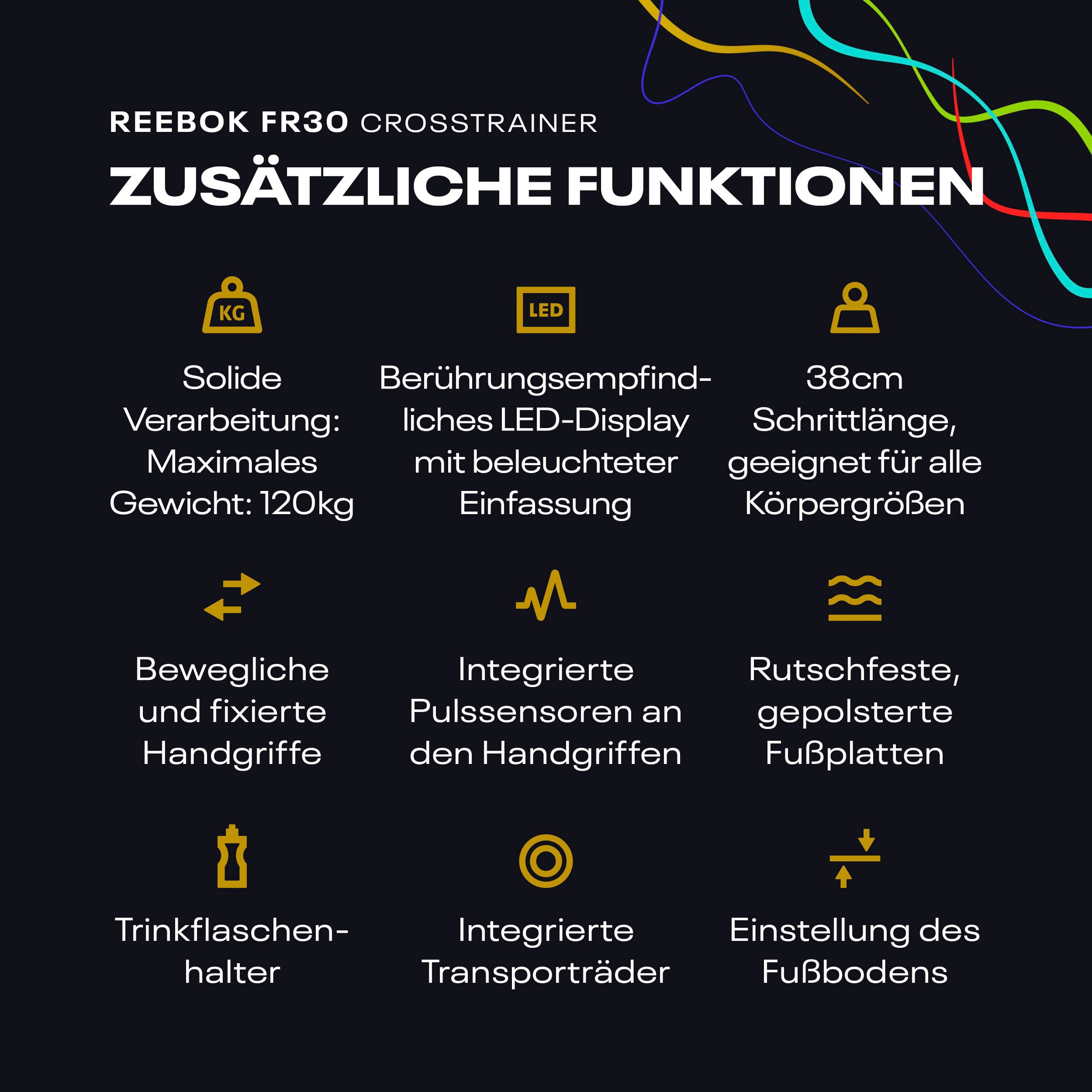 Reebok Crosstrainer-Ergometer »FR30«, (mit Tablet-Halterung und integr. Pulsempfänger), Schwungmasse ca. 4 kg, 18 Widerstandsstufen