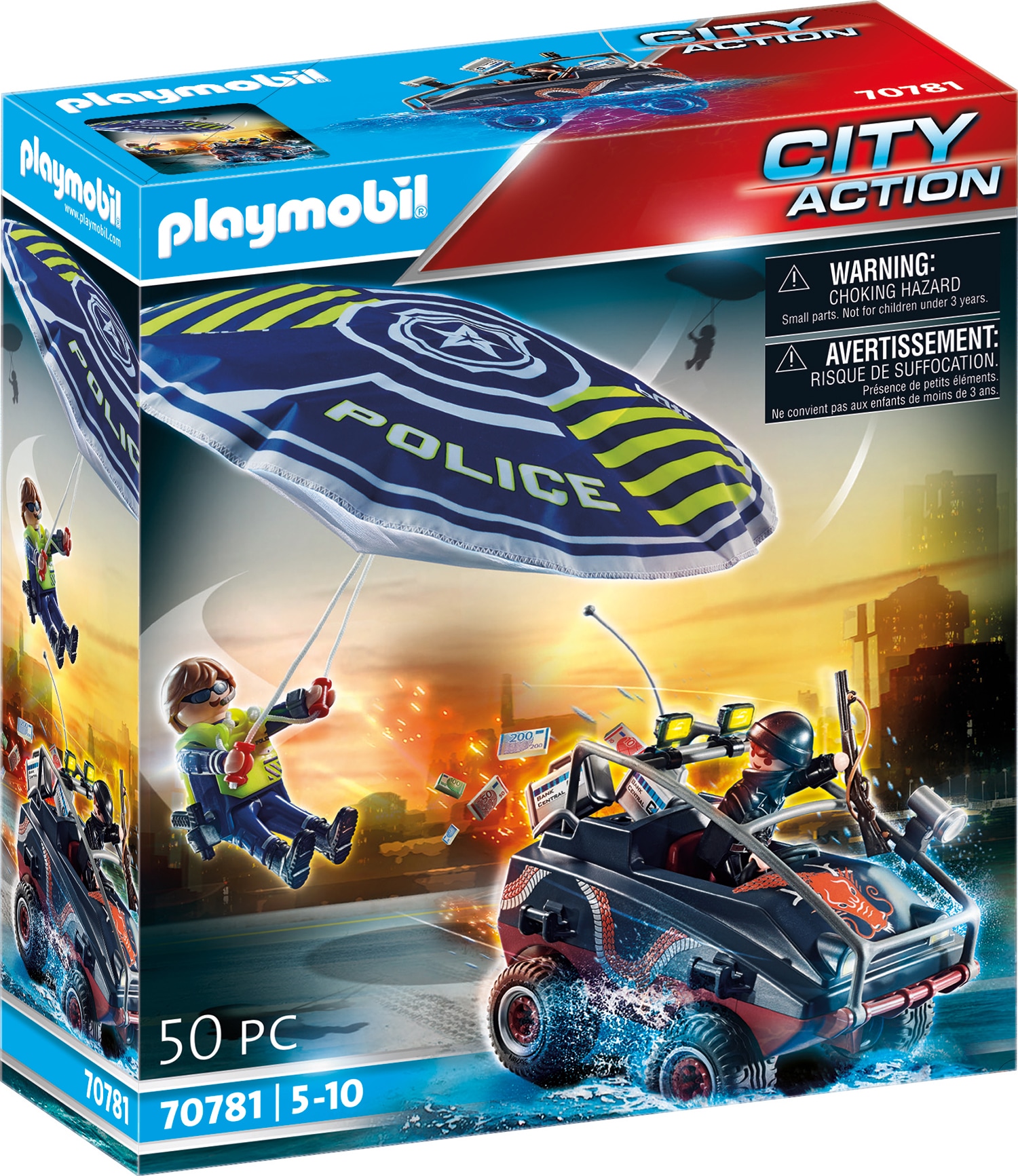 Playmobil® Konstruktions-Spielset »Polizei-Fallschirm: Verfolgung des Amphibien-Fahrzeugs (70781)«, (80 St.), City Action