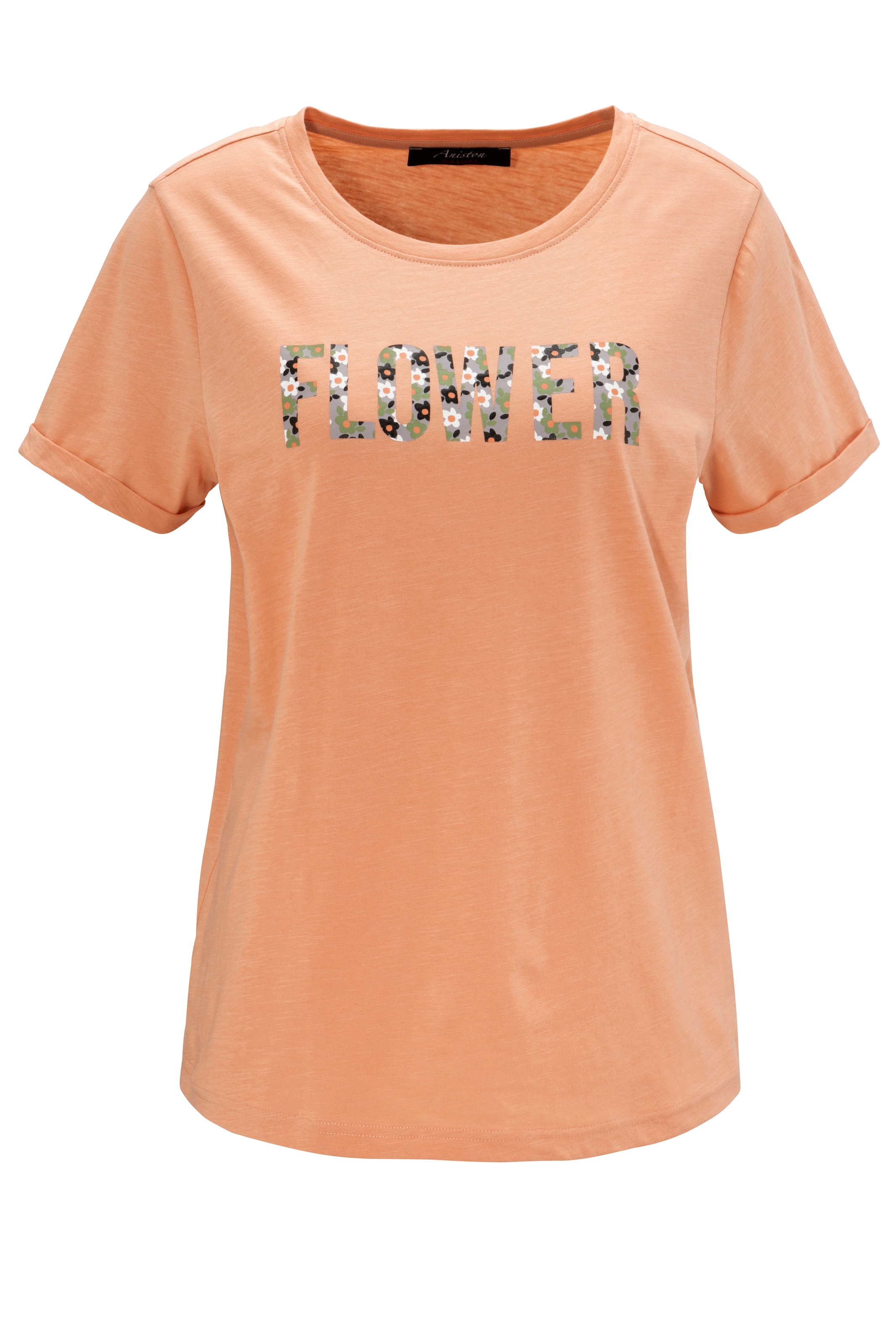 Aniston CASUAL T-Shirt, mit blumigem Schriftzug im Vorderteil . NEUE KOLLEKTION