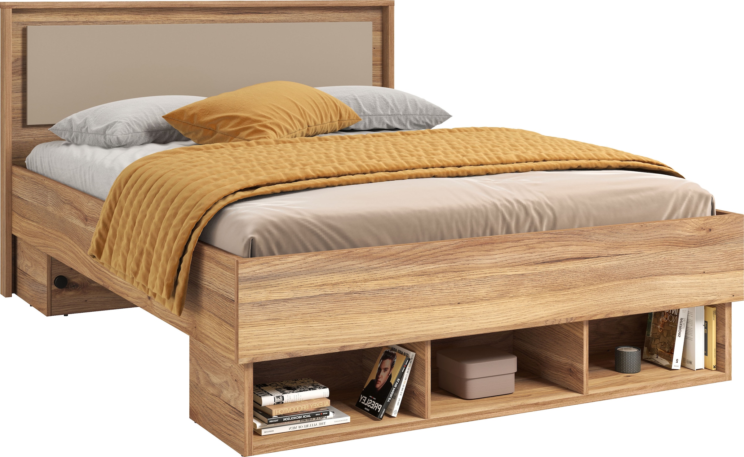 INOSIGN Bettgestell »Wharton, Breite 140cm bzw. 160cm, moderner Bettrahmen Made in Europe«, Doppelbett mit offenen Regalen, FSC-zertifizierter Holzwerkstoff