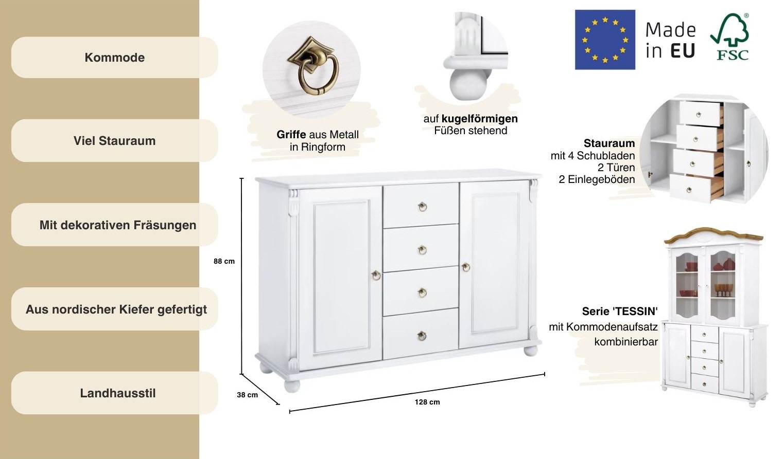 Home affaire Kombikommode »Tessin; Buffetunterschrank, klassischer Landhausstil«, aus massiver, FSC®-zertifizierter Kiefer, 128cm breit