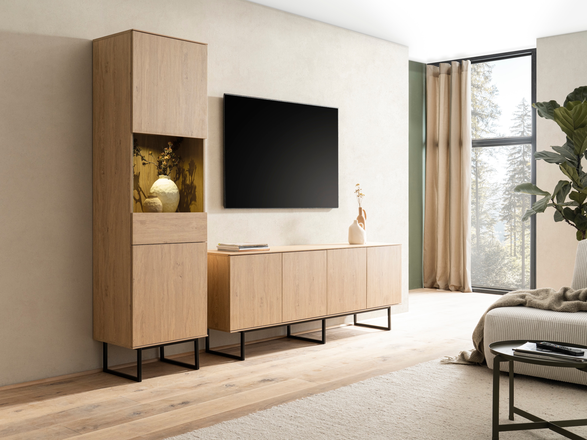 Home affaire Wohnwand »Lund, moderne Anbauwand, Wohnzimmer-Set in Stone Oak«, (2 St.), enthält Vitrine und Lowboard
