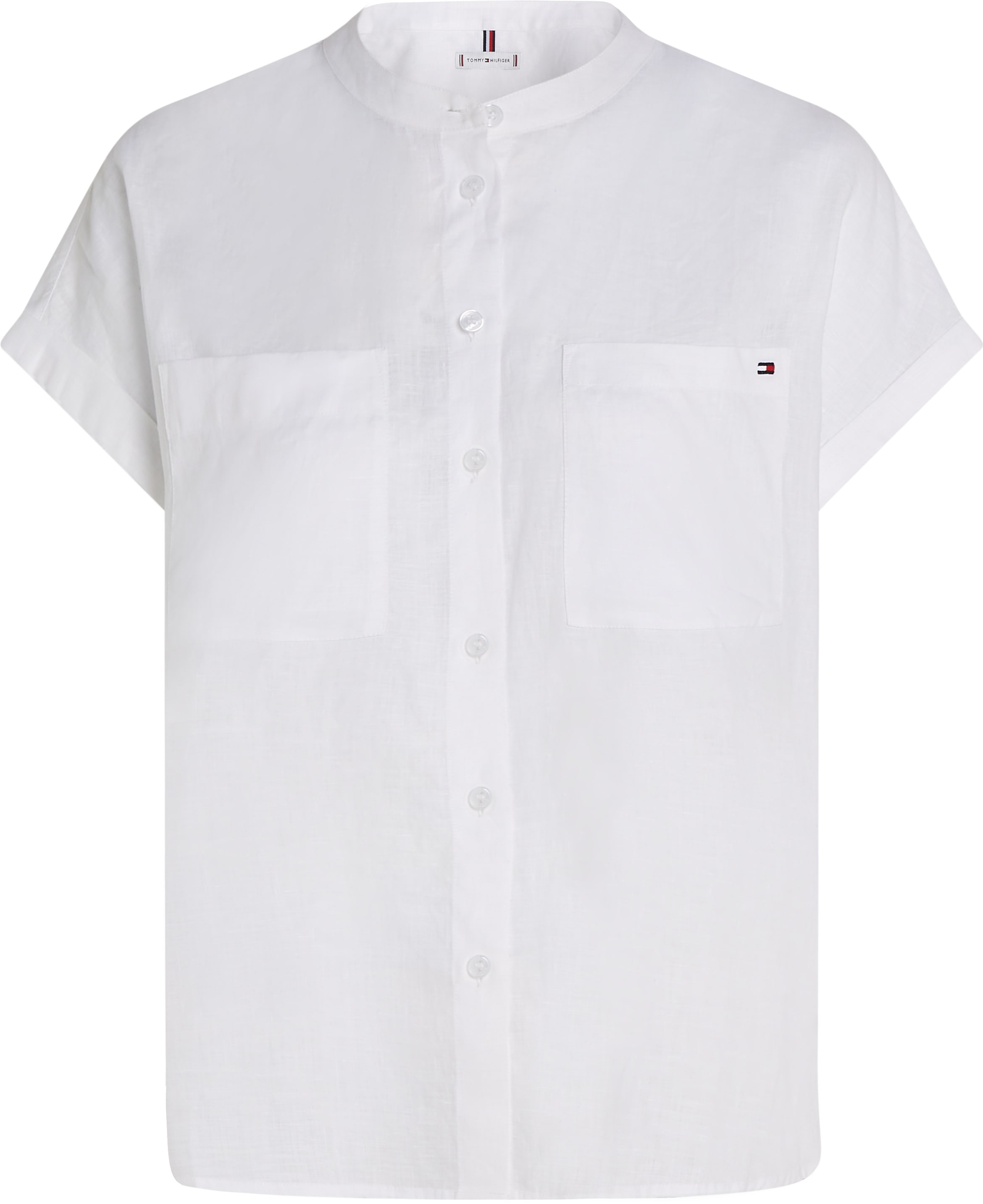 Tommy Hilfiger Kurzarmbluse »ESS LINEN COLLARLESS S/S BLOUSE«, mit Logostickerei,kühlendes Premium Leinen