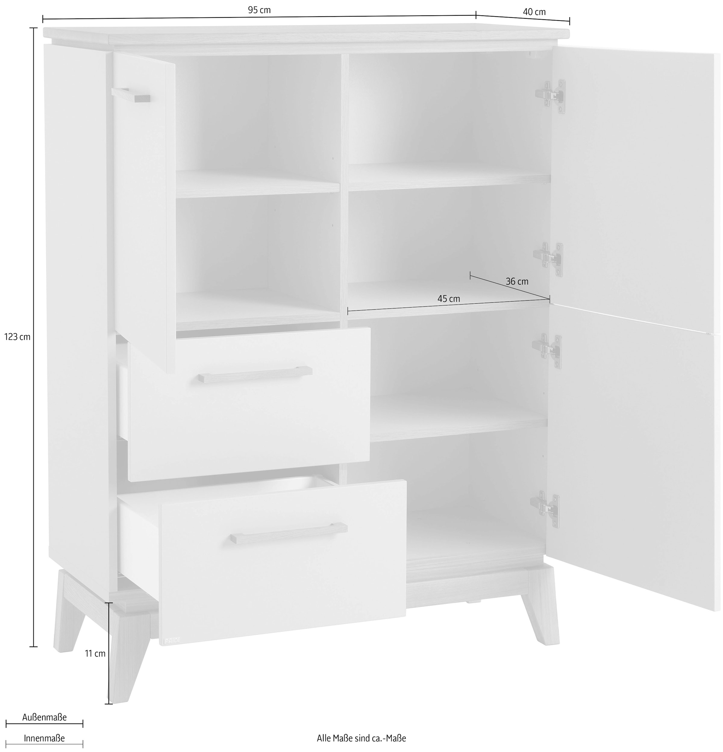 PAIDI Highboard »STIENE in Beige oder Grau, 2 Schubladen und 2 Türen mit Soft-Close« B/H/T ca. 95/123/40cm,  stabiles Regal mit Massivholz, Standregal, geprüfte Qualität