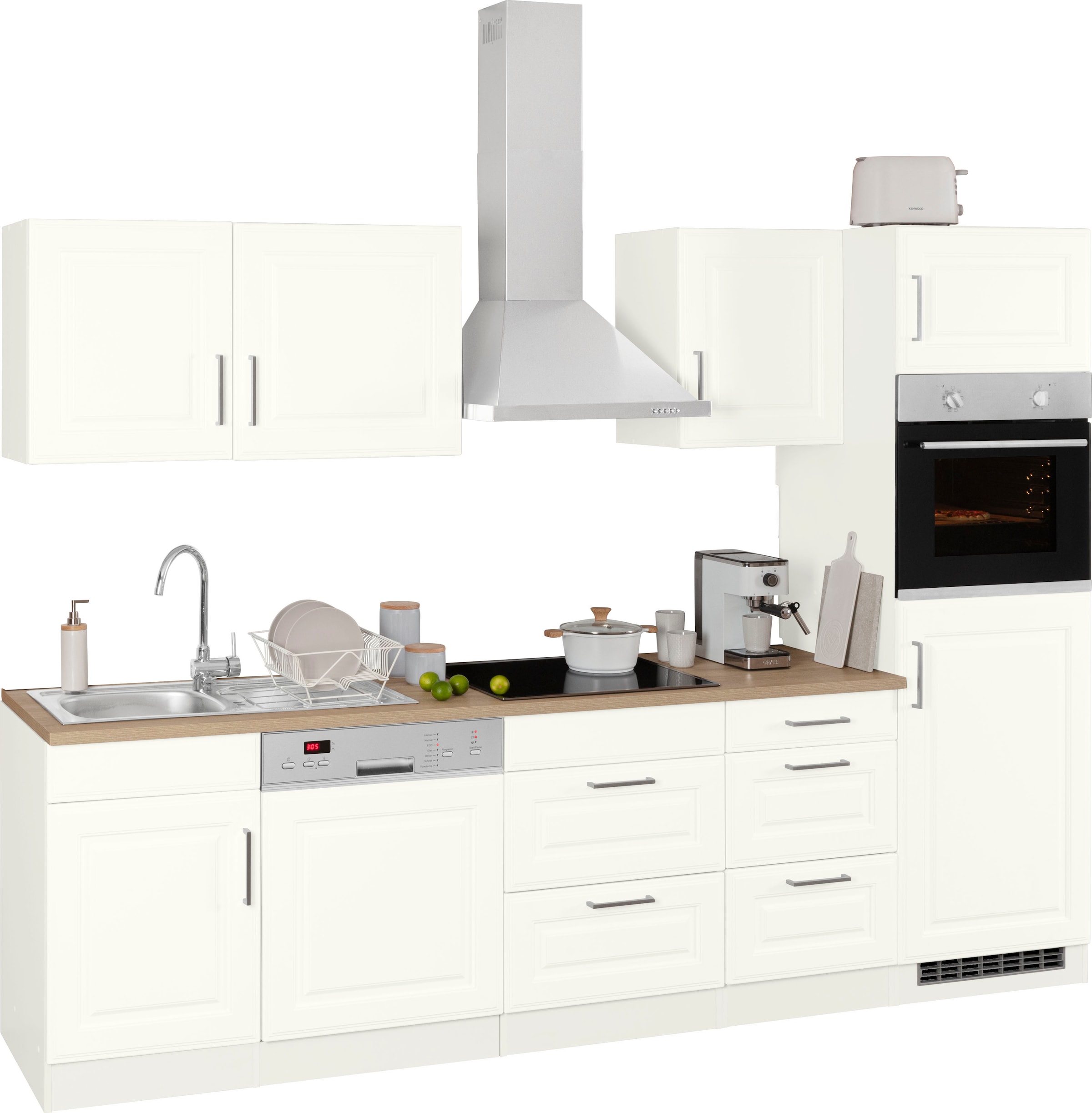 KOCHSTATION Küchenzeile »KS-Stockholm – Küche mit hochwertiger und detailreicher Landhausfront« Breite 280 cm, wahlweise mit E-Geräten,mit MDF-Fronten