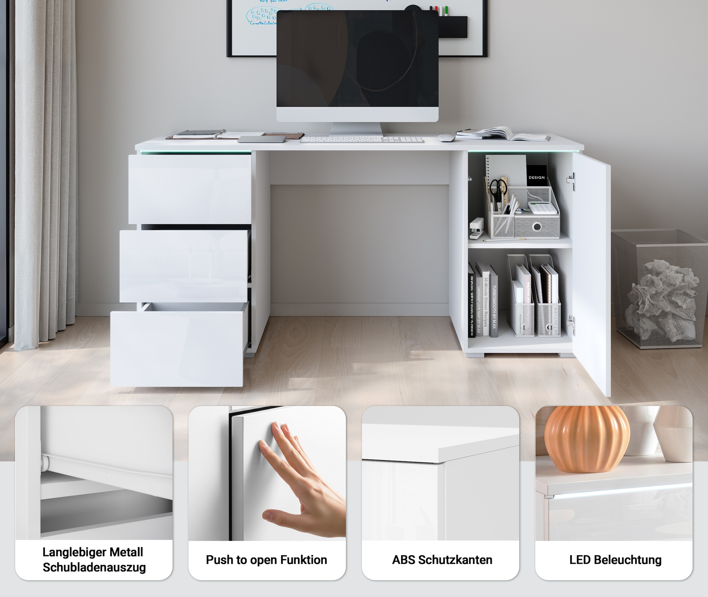Home affaire Schreibtisch »Vera, Computertisch mit LED-Beleuchtung« 1 Stk. tlg. Bürotisch mit LED, Push-to-Open, 3 Schubladen & Stauraum
