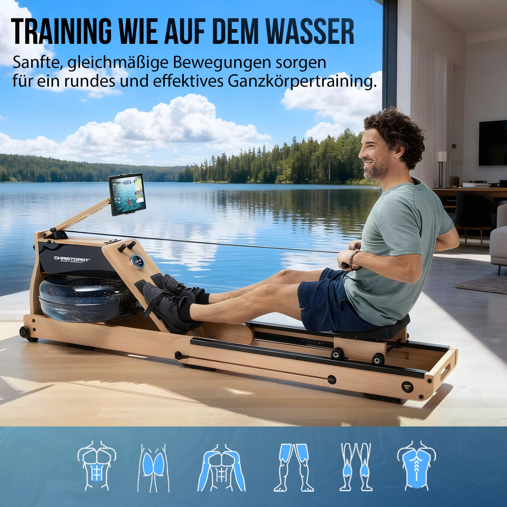 Christopeit Sport® Ruderzugmaschine »WP 5000 Wasserrudergerät« Testsieger Stiftung Warentest Ausgabe 1/2025, Rudermaschine, Holz