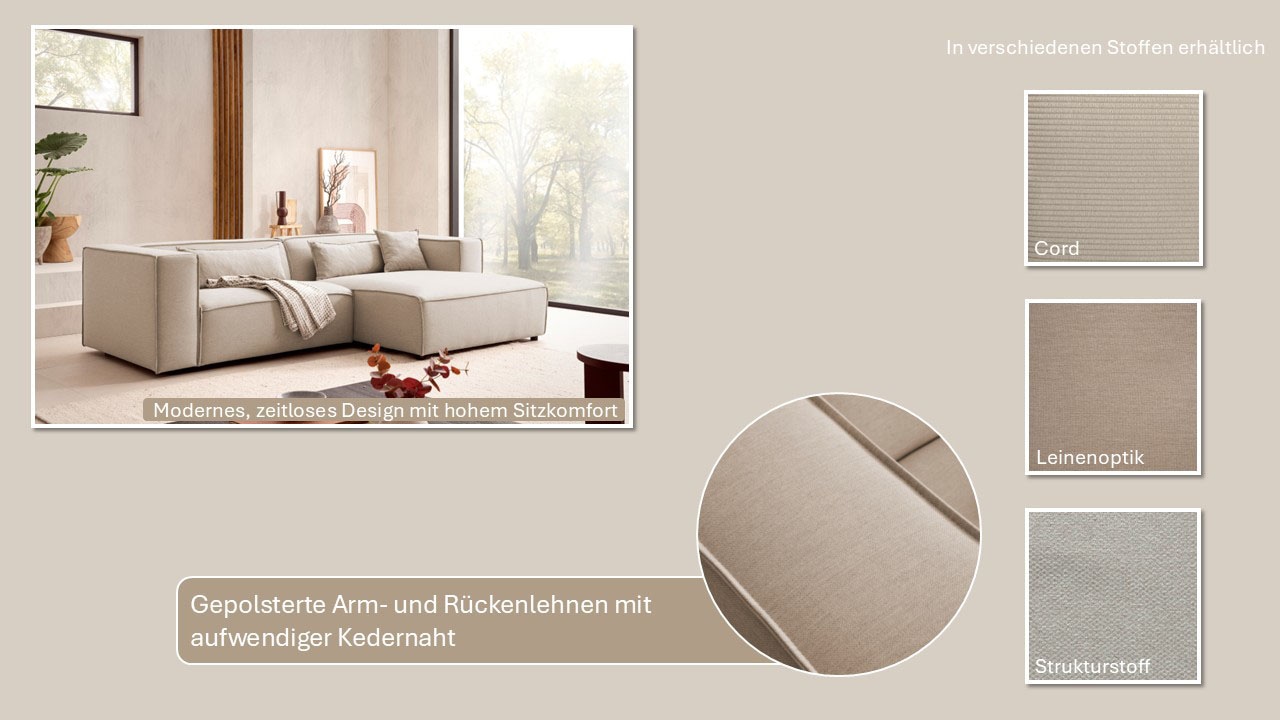 LeGer Home by Lena Gercke Ecksofa »PIARA mit Kedernaht in Cord oder Leinenoptik, moderne Couch in L-Form«, wahlweise Ottomane rechts/links, schwarze Füße, bequemer Sitzkomfort