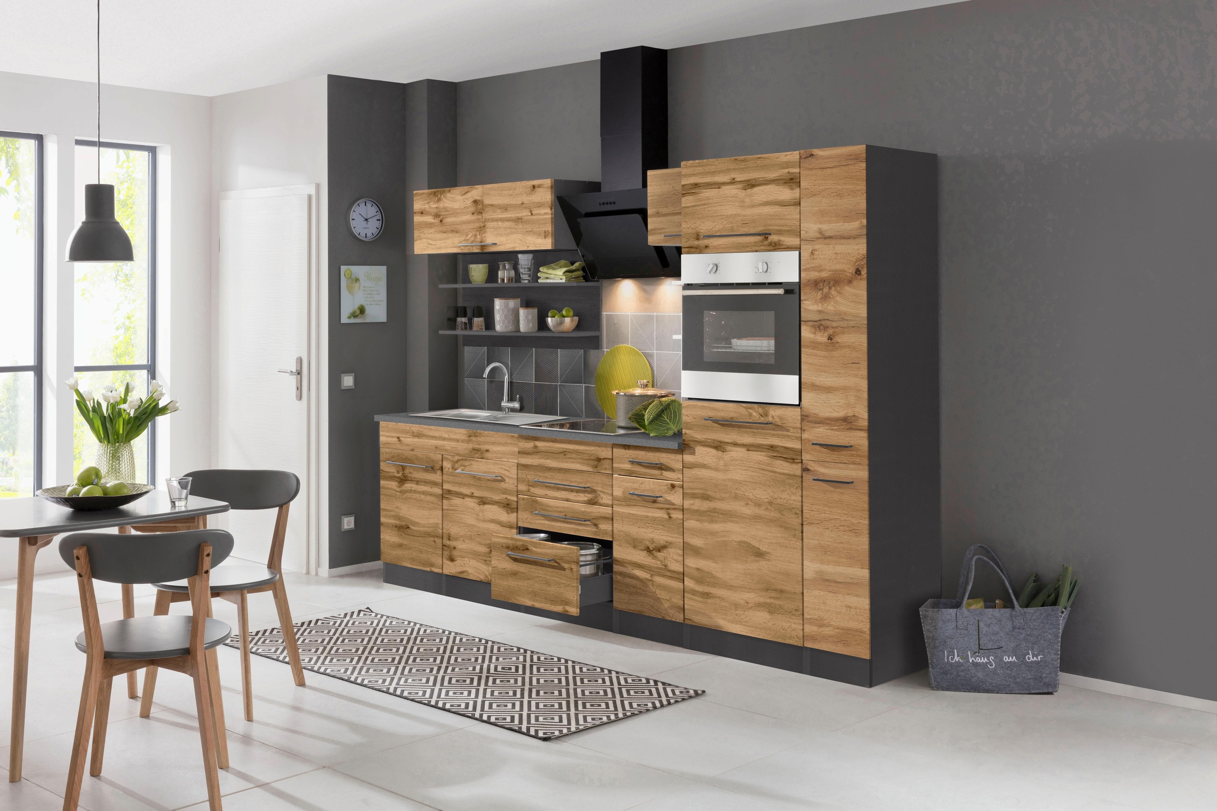 KOCHSTATION Küchenzeile »KS-Tulsa«, mit E-Geräten, Breite 300 cm, schwarze Metallgriffe, MDF Fronten
