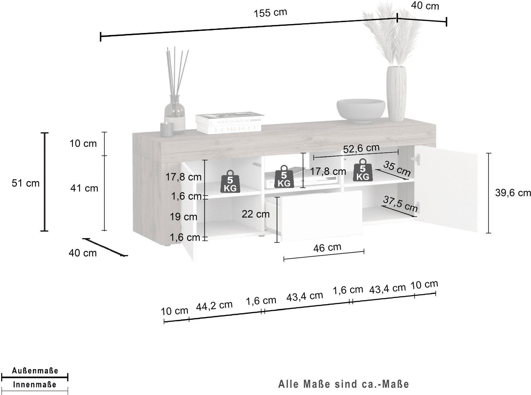 OTTO home Lowboard »CHRONOS Breite 155 cm mit 2 Türen, 1 Schublade,1 offenes Fach« 1 Stk. tlg. TV-Board, Sideboard niedrig, Grifflos mit Push to Open 'Made in Italy'