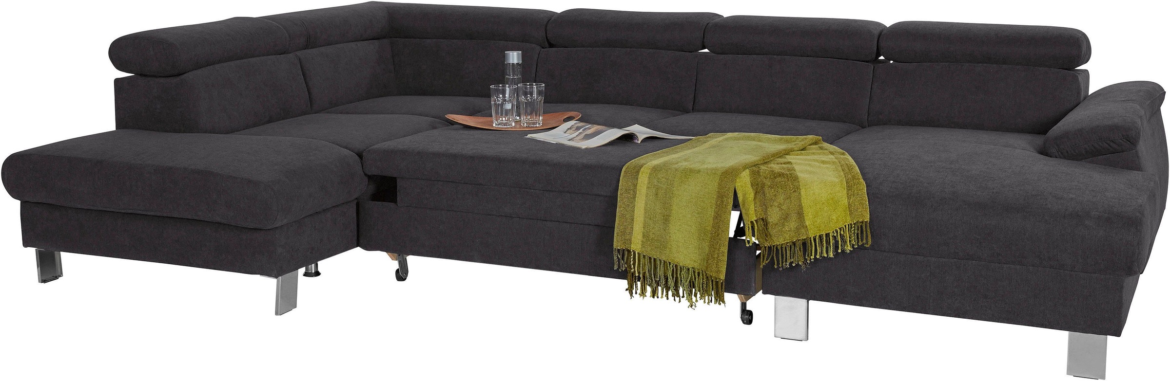 COTTA Polstergarnitur »Komaris U-Form, B: 320 bzw. 100 cm (Set: Wohnlandschaft & Hocker)«, (Set), mit Kopfteilverstellung, optional Bettfunktion, Bettkasten & Licht