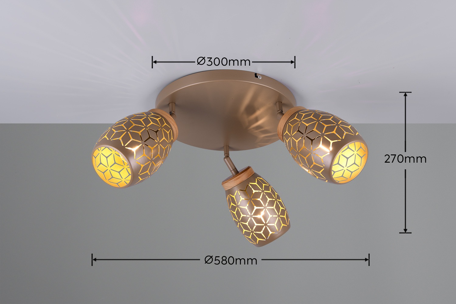 REALITY Leuchten Deckenleuchte »BIDAR, Deckenlampe mit 3 schwenkbaren Spots, exkl 3x E14 max 10W« E14 1 Stk. warmweiß - kaltweiß Metall-Lampenschirm mit Lasercut Muster und Holz-Dekoelement Ø 58cm