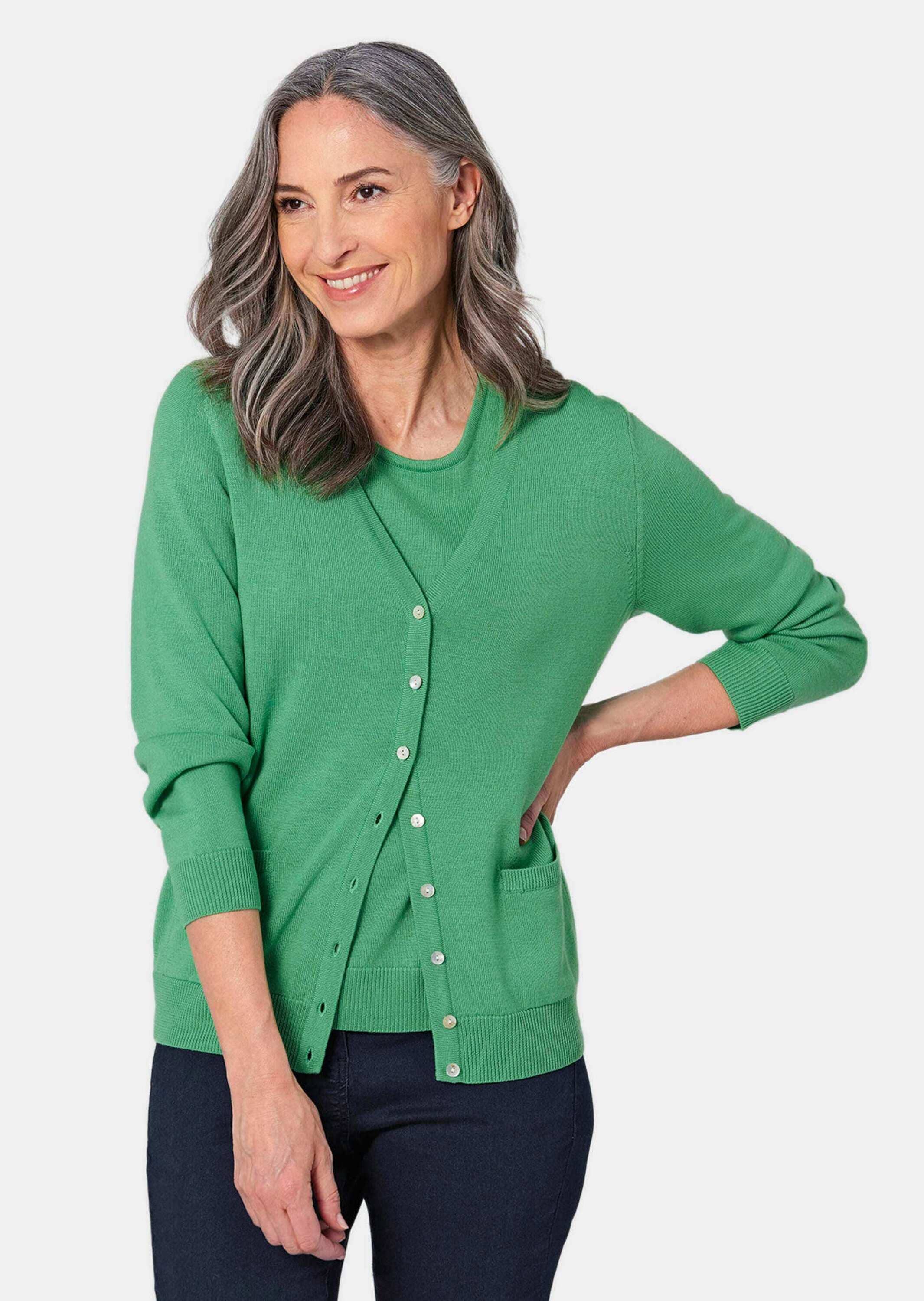 GOLDNER Strickpullover »Kurzgröße Strick-Twinset aus Merino-Schurwolle«