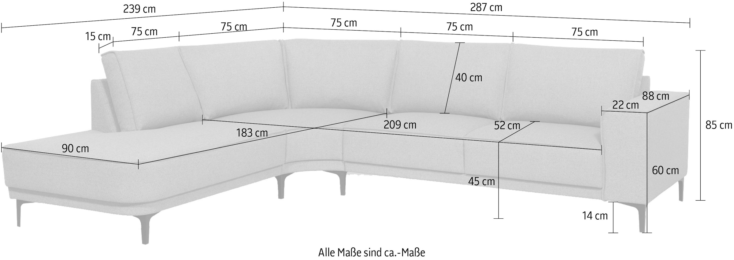 Places of Style Ecksofa »Casina«, mit abgerundeter Ottomane, in einem weichen Chenille-Stoff