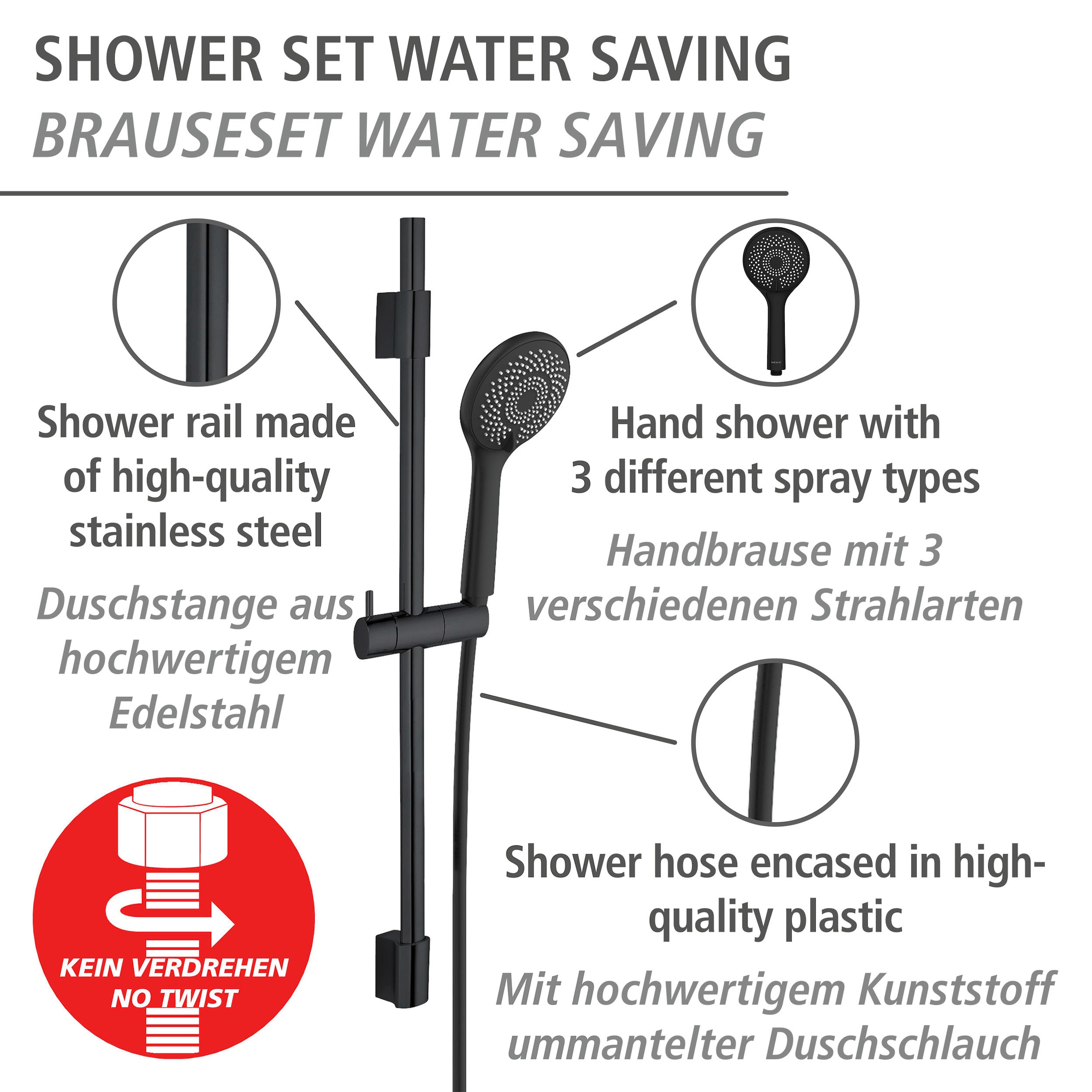 WENKO Stangenbrause-Set »Watersaving«, Schwarz, Länge Stange: 70 cm
