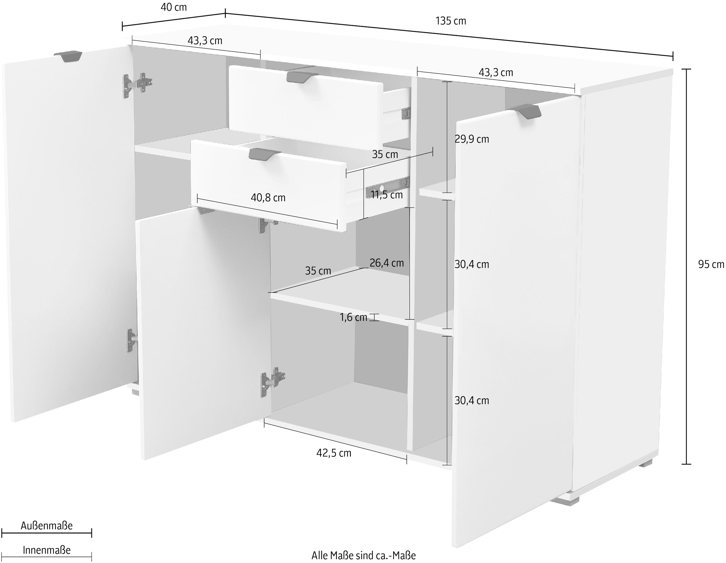 INOSIGN Sideboard »Duero« Kommode mit 2 Schubkästen, Breite 135 cm