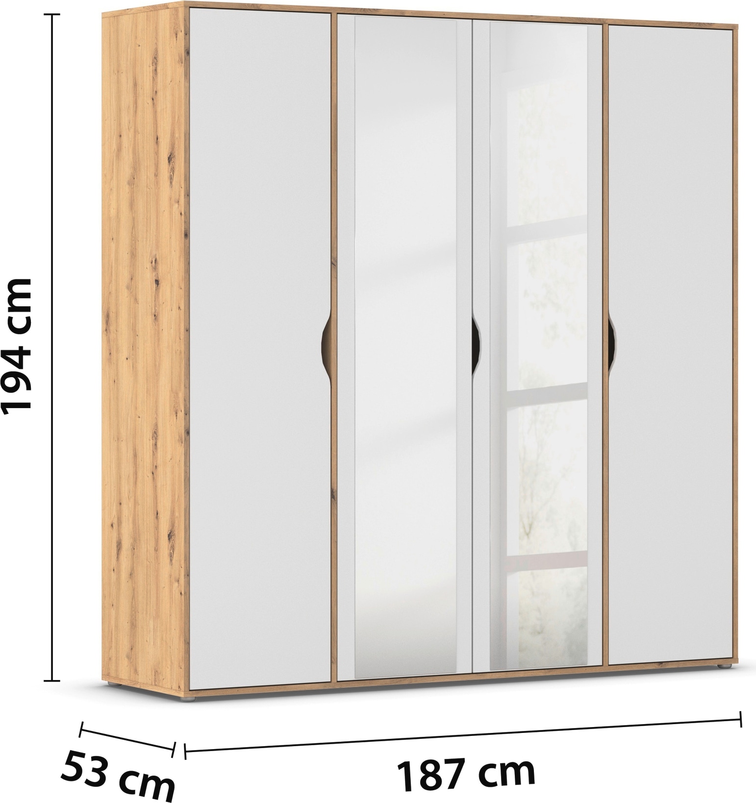 rauch Drehtürenschrank »Kleiderschrank Schrank Garderobe Wäscheschrank NARAI mit Spiegel«, (in 3 verschiedenen Ausstattungen BASIC/CLASSIC/PREMIUM), Griffausfräsungen für eine grifflose Optik TOPSELLER MADE IN GERMANY