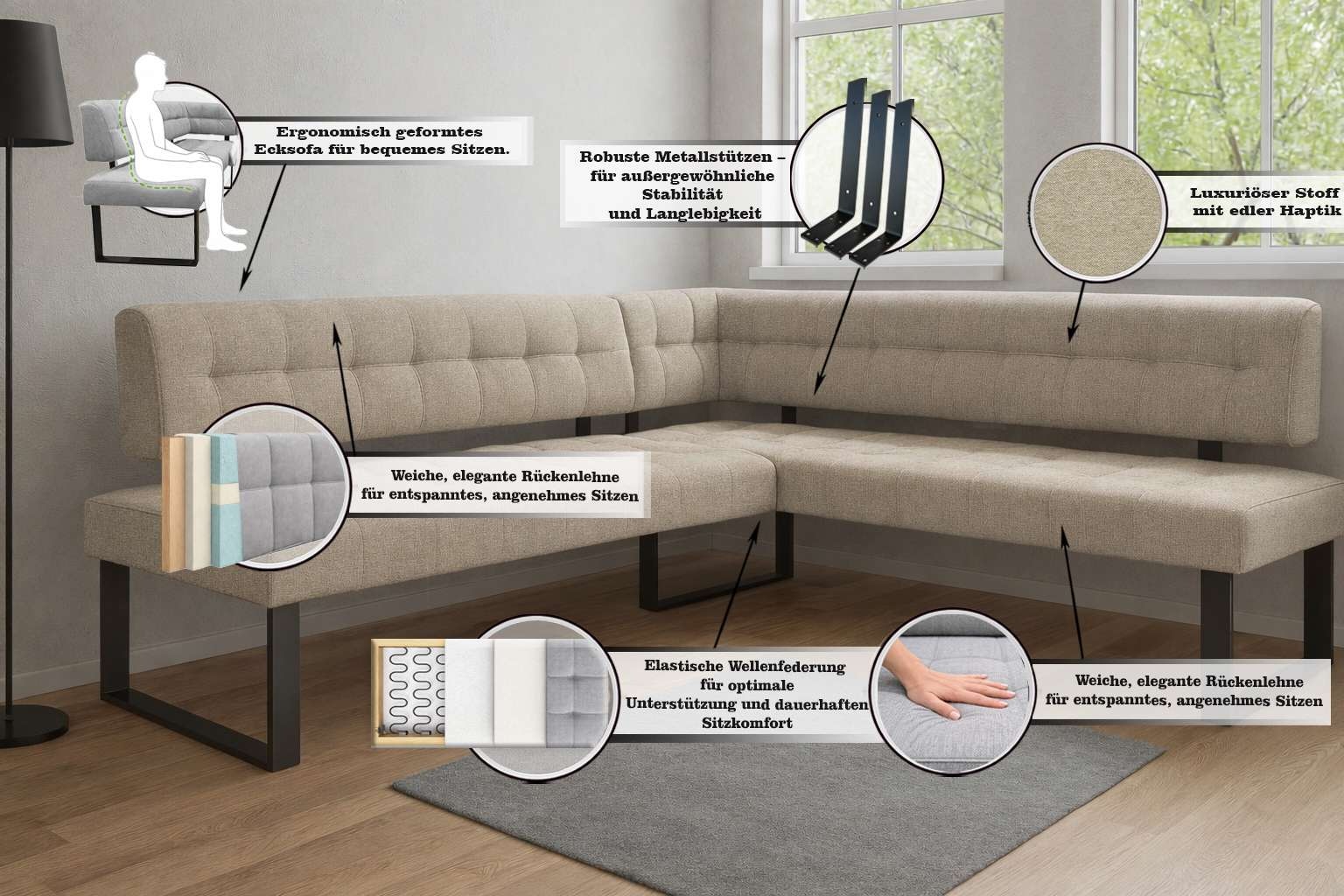Home affaire Eckbank »Mia Küchenbank, Polsterbank, Esszimmerbank, 207x167 cm« Moderne Bank und  Farben, Sitzplatzanzahl: 5, Frei in Raum stellbar