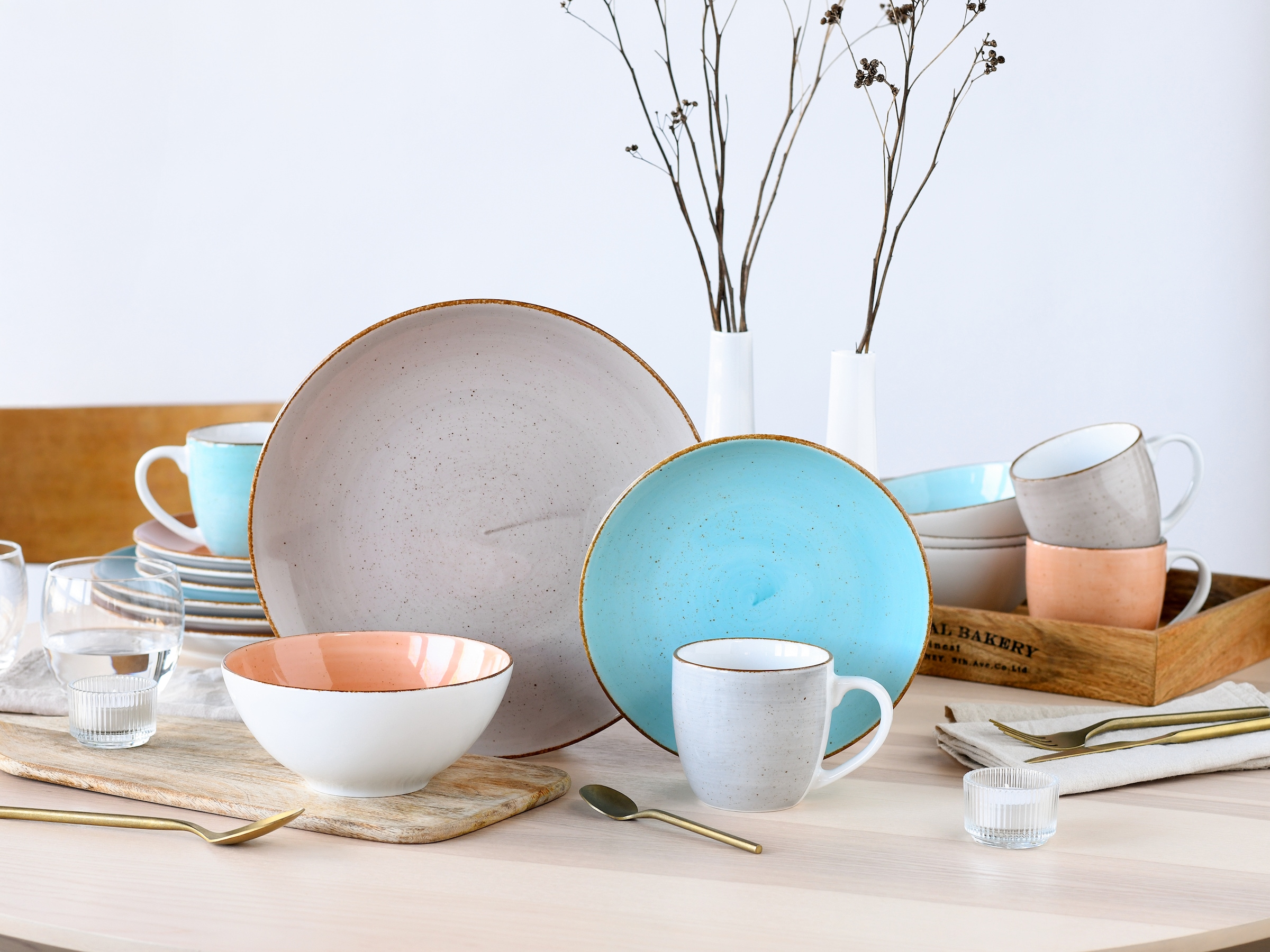 CreaTable Kombiservice »Geschirr-Set VINTAGE NATURE«, (Set, 16 tlg., Kaffeeservice und Tafelservice im Set, für 4 Personen), Service, handgemalt, gesprenkelt, 16 Teile, für 4 Personen