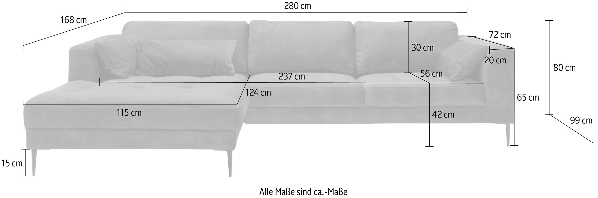 TRENDMANUFAKTUR Ecksofa »Luzi, wahlweise mit Schlaffunktion und Bettkasten bestellbar, L-Form«, Designsofa mit tollem Sitzkomfort, Metallfüße schwarz, Breite 280 cm