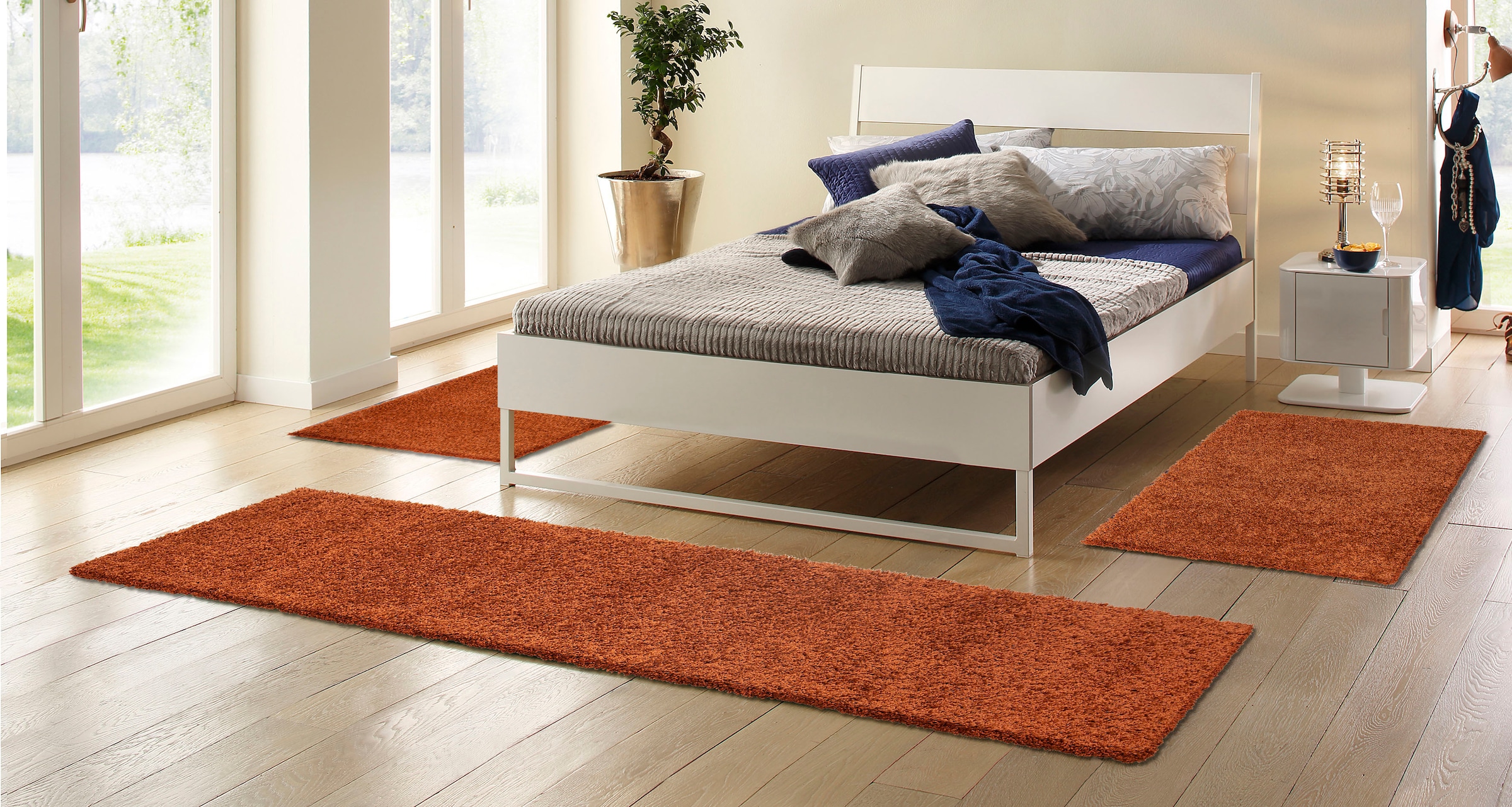 my home Bettumrandung »Shaggy 30«, (3 tlg.), gewebt, 2- oder 3-teilig, Bettvorleger, Läufer-Set, Uni-Farben
