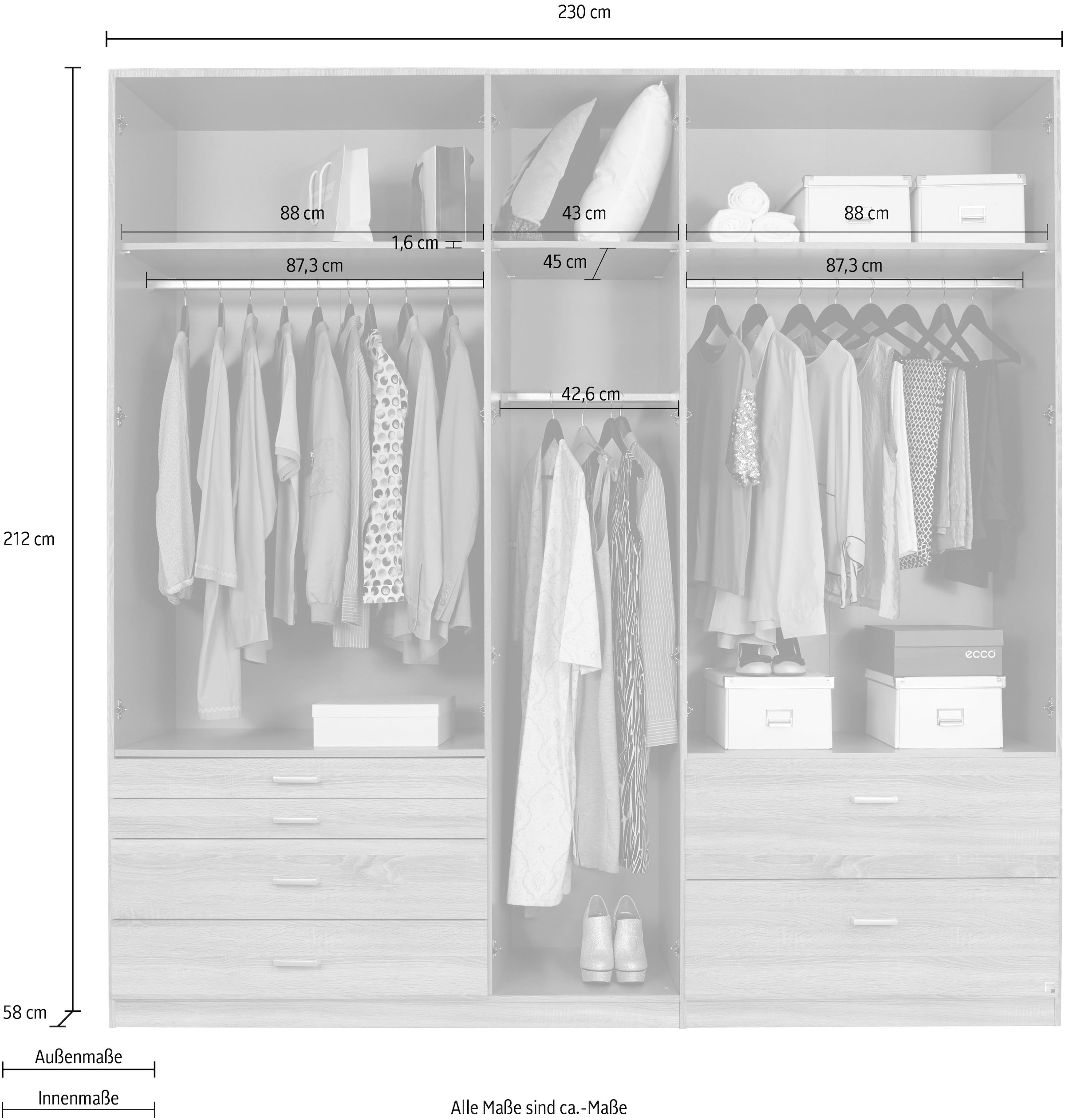 rauch Drehtürenschrank »Kleiderschrank Schrank Garderobe Wäscheschrank WILDBERG« Breiten 230/275 cm, Höhen 212/231 cm,  mit 6 Schubladen, obere Schublade mit Holz-Einteilung MADE IN GERMANY