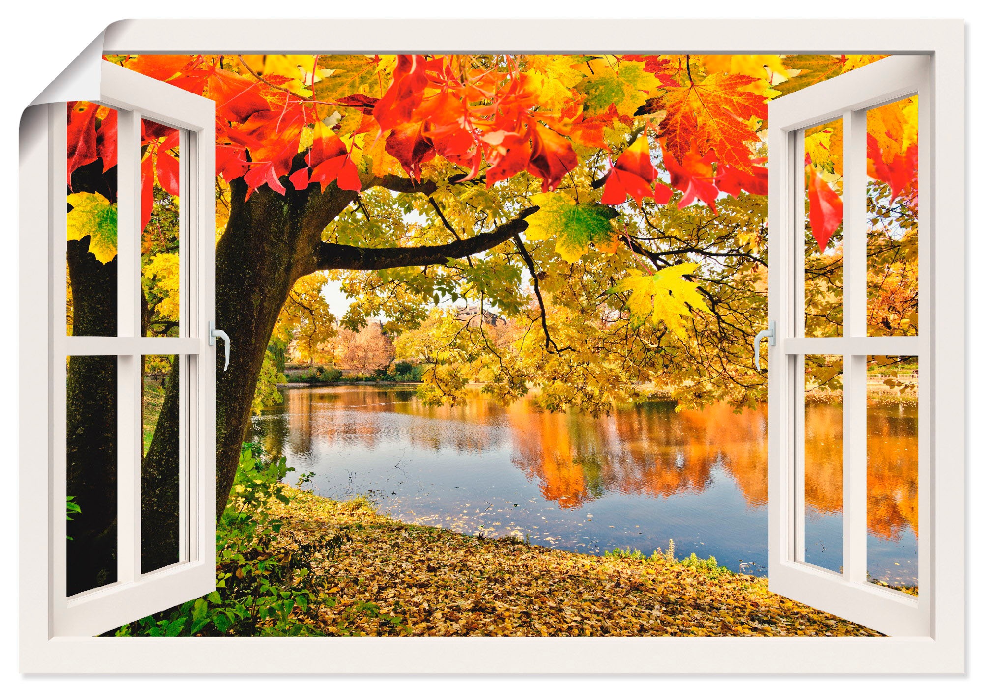 Artland Wandbild »Fensterblick Herbsttag an einem See«, Gewässer, (1 St.), in vielen Größen & Produktarten - Alubild / Outdoorbild für den Außenbereich, Leinwandbild, Poster, Wandaufkleber / Wandtattoo auch für Badezimmer geeignet