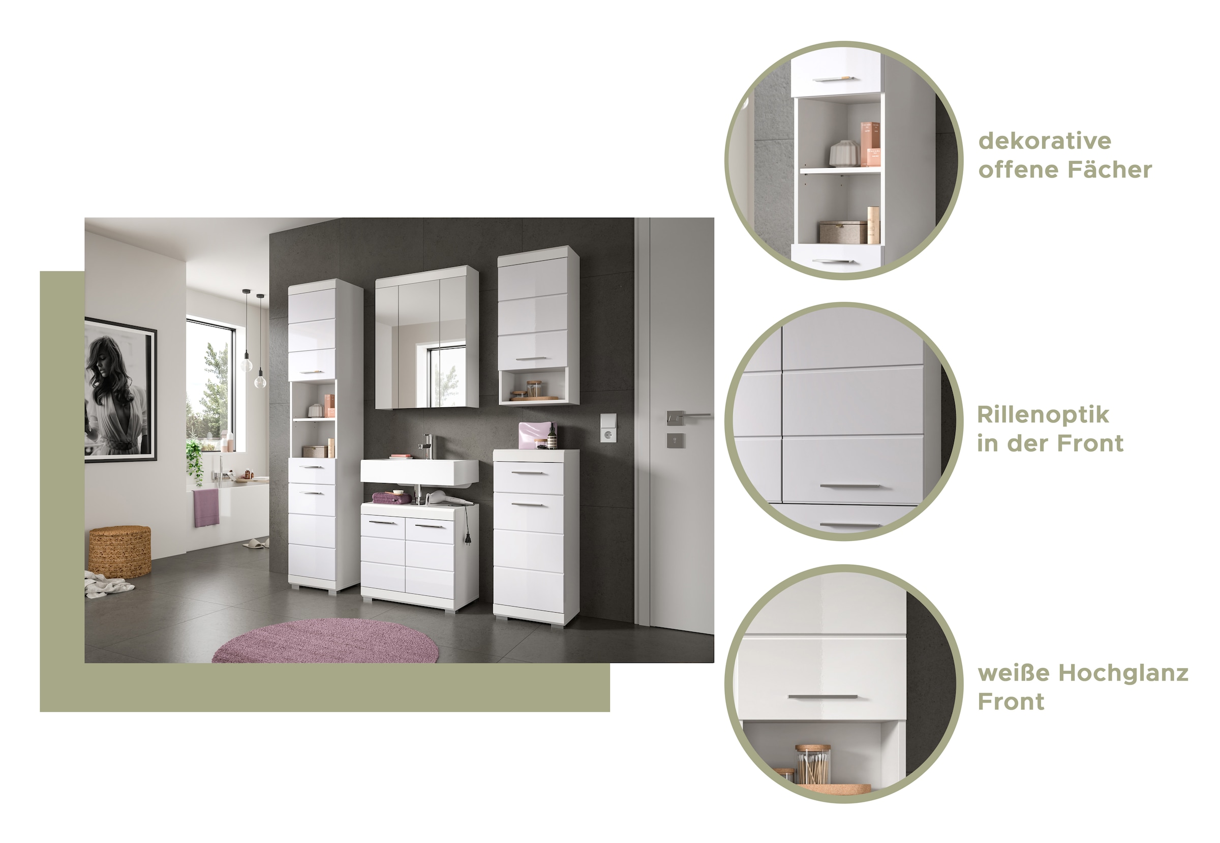 INOSIGN Hochschrank »Siena, Breite 37cm, 2 Tür, 1 Schubkasten, 2 offene Fächer, MDF-Front«, (1 St.), in verschiedenen Farben erhältlich, Badmöbel, Badschrank, Schrank, Bad