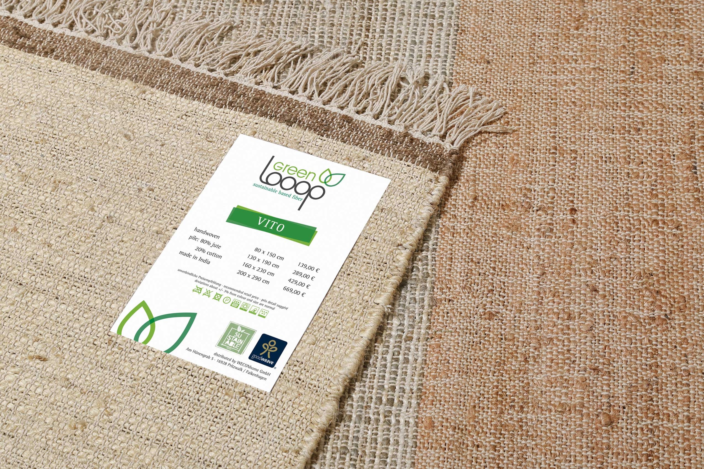 Green Looop Teppich »Vito GL-82305«, rechteckig, 4 mm Höhe, Naturfaser Teppich aus 80% Jute 20% Baumwolle, mit Fransen, Wohnzimmer