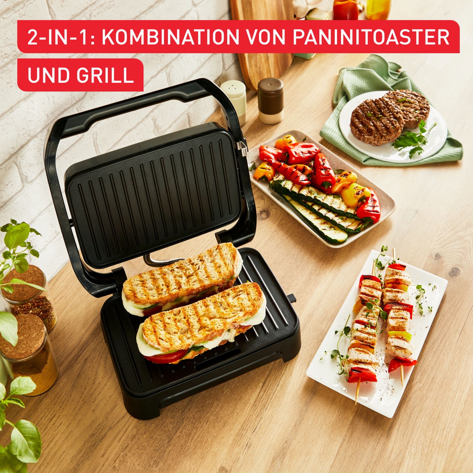 Tefal Kontaktgrill »Inicio Compact, 2-in-1 Panini /Grill, antihaftbeschichtetete Platten«, 1000 W, Platzsparendes Design, spülmaschinengeeignete Saftschale, GC270D