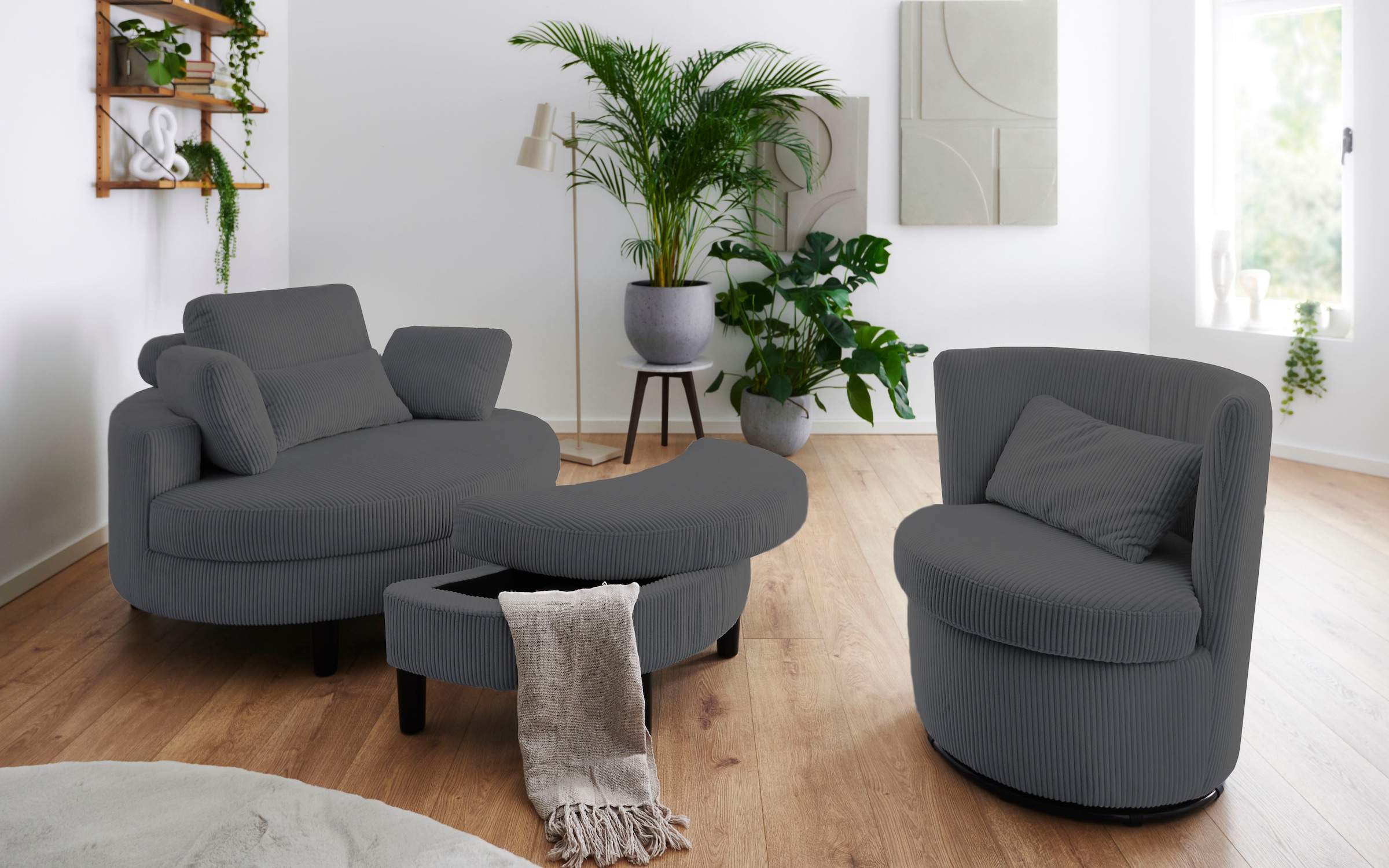 ATLANTIC home collection Loveseat »Ravi«, XXL- Sessel, inklusive Stauraumhocker, Rückenkissen & drei Zierkissen