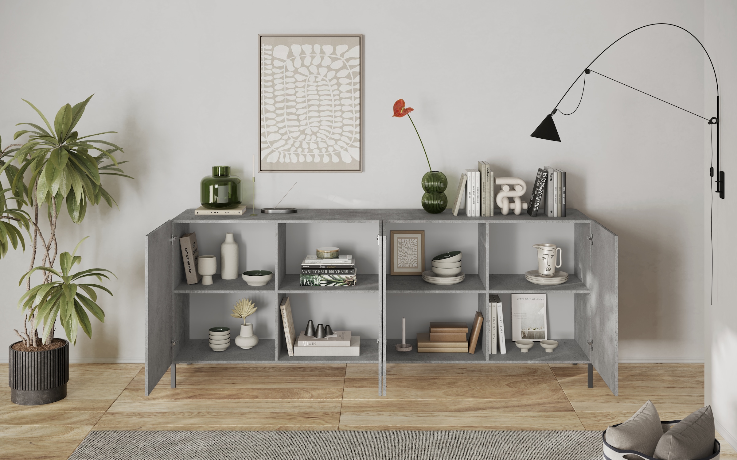 INOSIGN Sideboard »Snake, Kommode, Anrichte, Stauraummöbel Breite 241 cm, Siebdruck-Front« moderne Wohnmöbel, 4 Türen, viel Stauraum, stilvoll und funktional