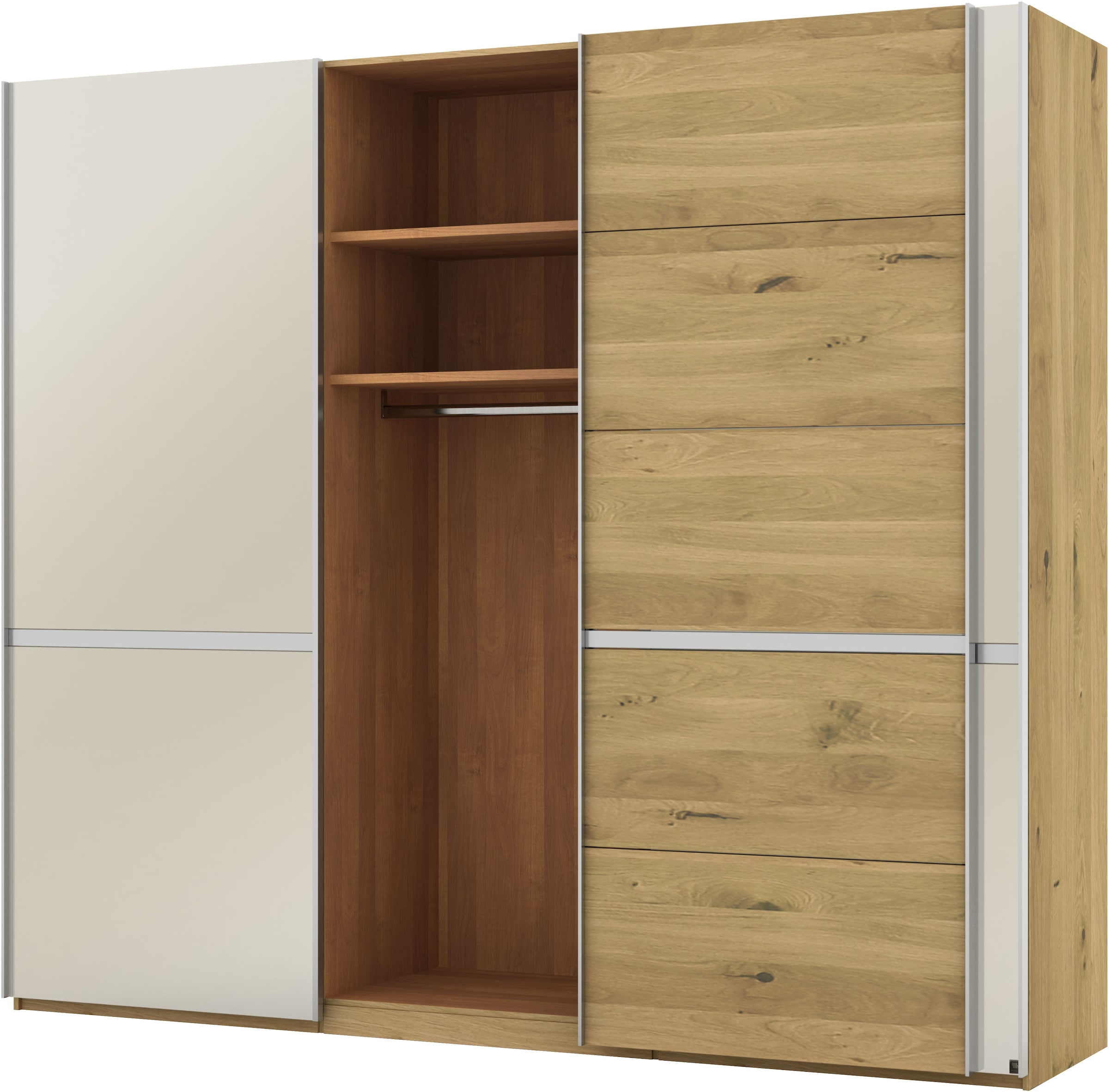 Musterring Schwebetürenschrank »Savona, Kleiderschrank, Schrank, Garderobe, mit Schiebetüren«, (Teilmassiv Bianco-Eiche, mit Spiegel oder Glas, MADE IN GERMANY), Türen Bianco-Eiche massiv, Spiegel-/Glastüren, eingelegte Chromleiste