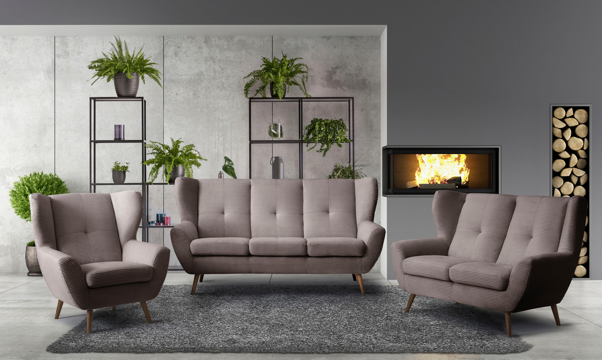 exxpo - sofa fashion 3-Sitzer »ALVESTA, Loungesofa, Küchensofa, hoher Sitzkomfort, Ohrenbackensofa«, gemütliche Rückenlehne, mit Knopfheftung und hohen Holzfüßen, in Cord