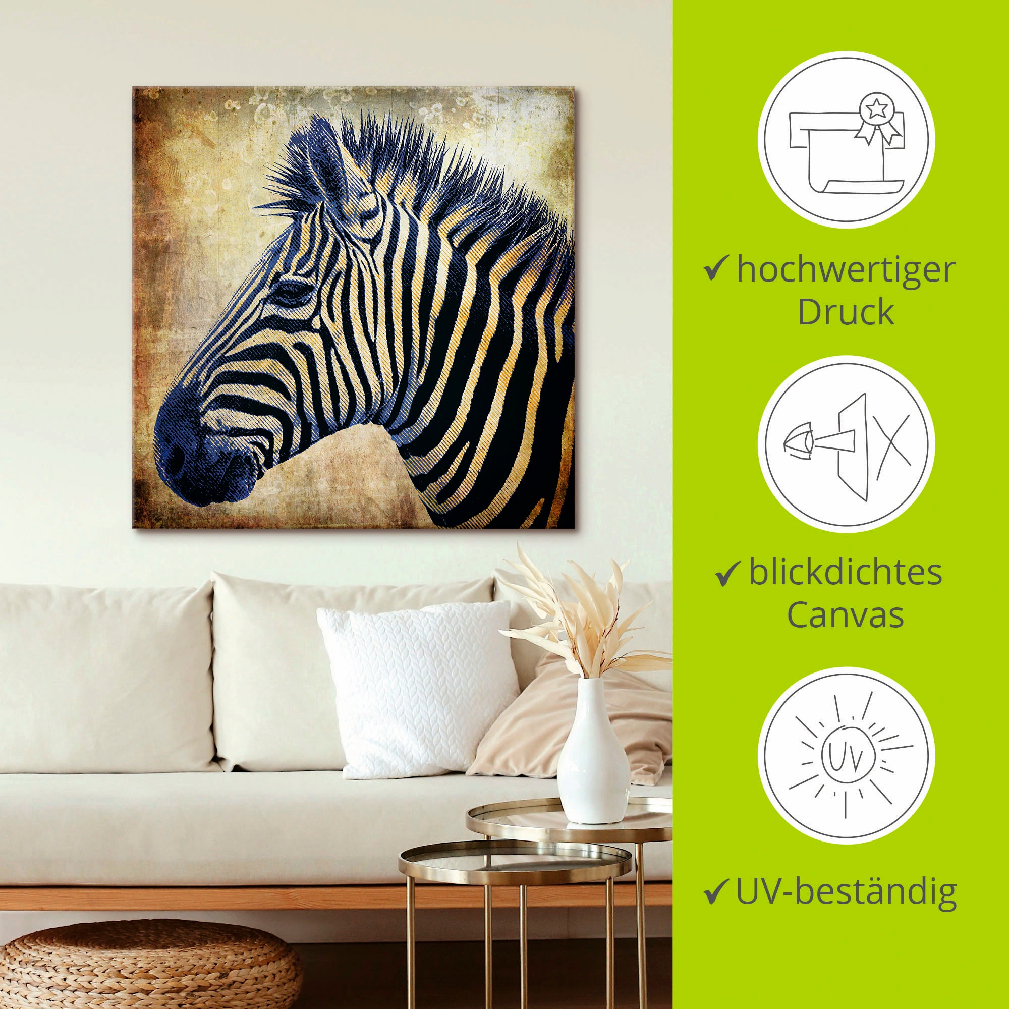 Artland Wandbild »Zebra Porträt PopArt«, Wildtiere, (1 St.), als Leinwandbild in verschied. Größen