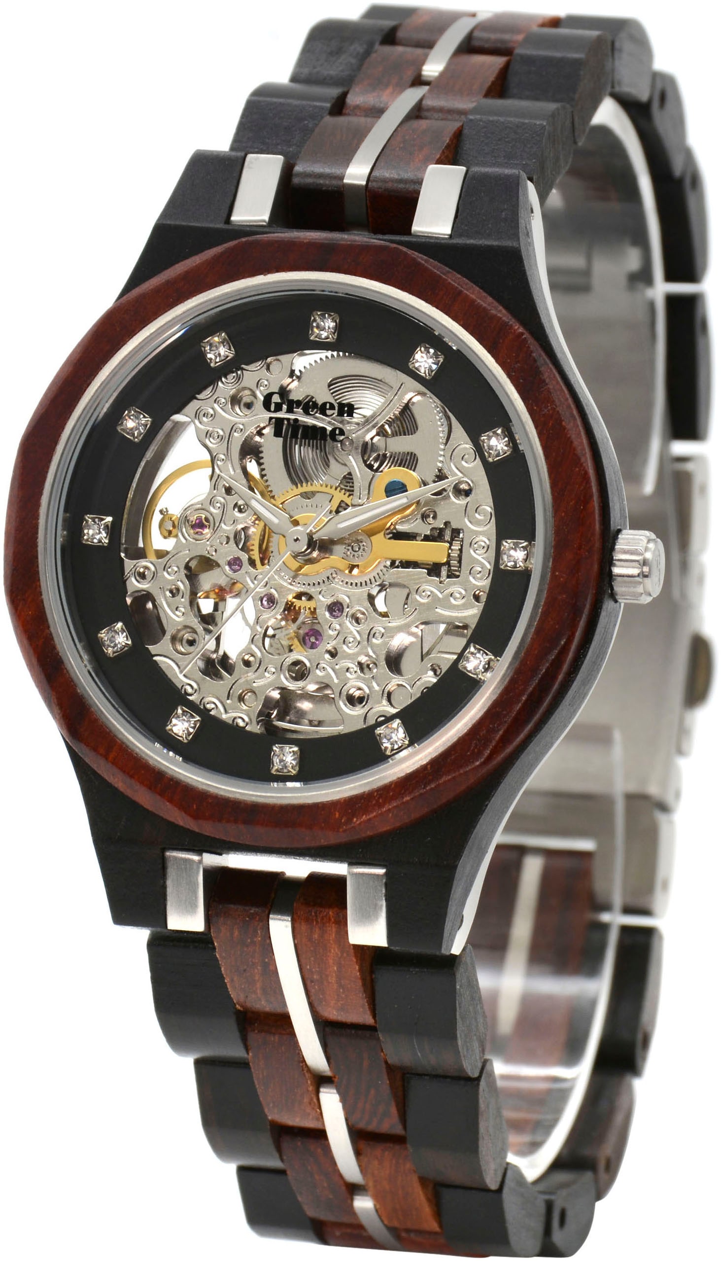 GreenTime Automatikuhr, Armbanduhr, Damenuhr, Holzuhr, Leuchtzeiger