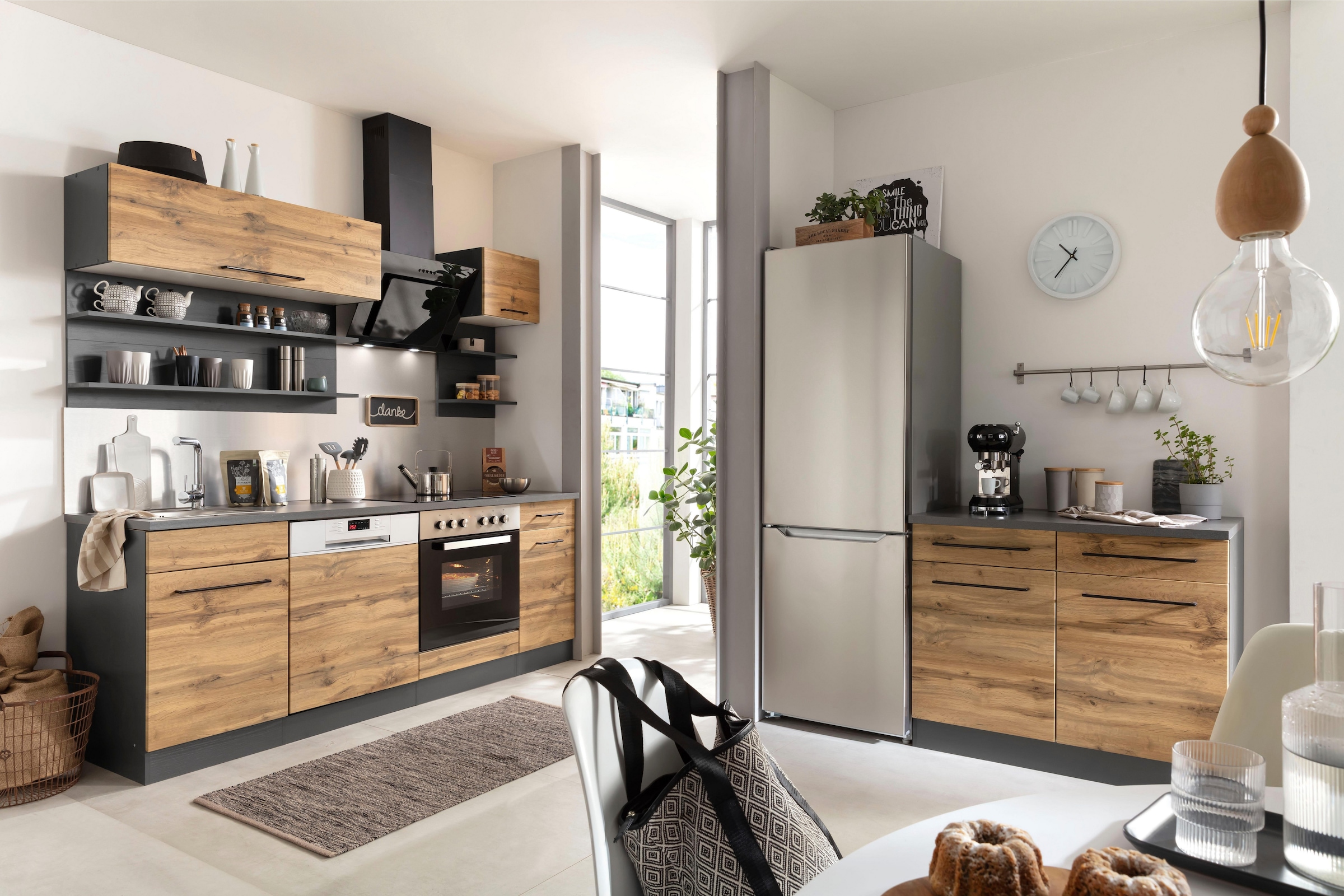 KOCHSTATION Unterschrank »KS-Tulsa«, 100 cm breit, 2 Schubkästen, 2 Türen, schwarzer Metallgriff, MDF Front