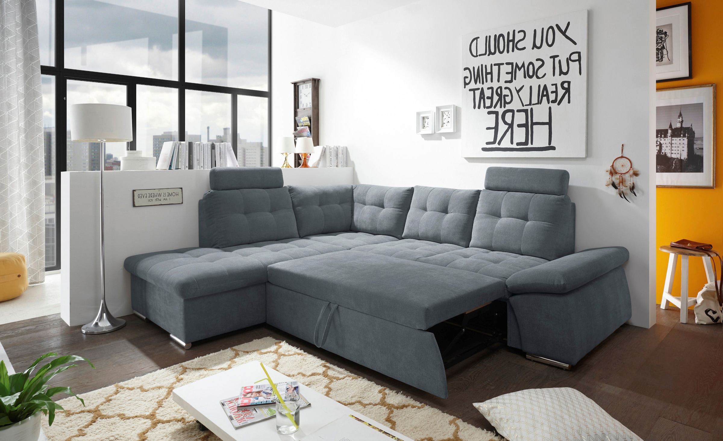 ED EXCITING DESIGN Ecksofa »Nalo L-Form«, mit Bettfunktion, Armteilverstellung, Kopfstützen & 2 Nierenkissen