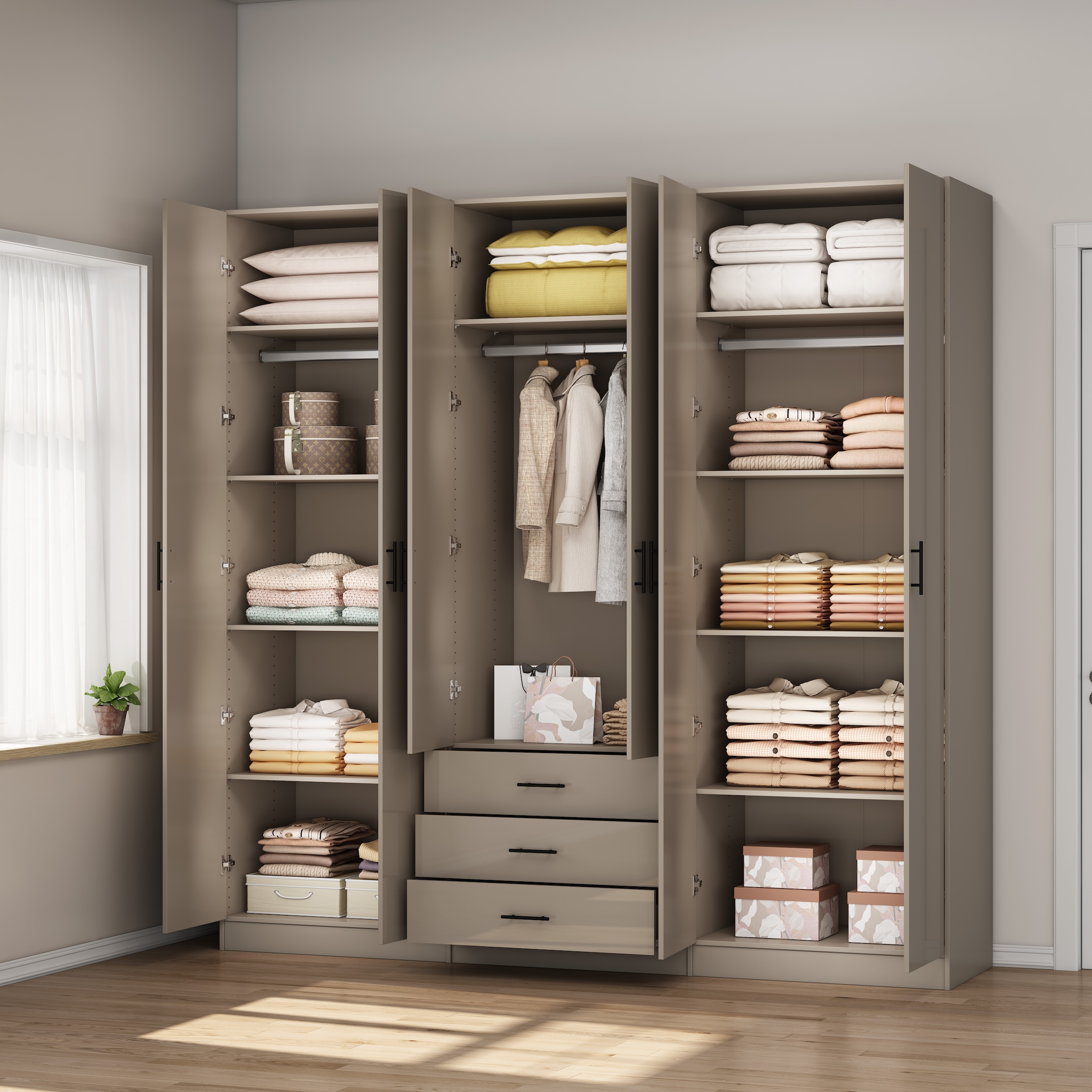 OTTO home Kleiderschrank »Trento Schlafzimmerschrank Garderobe hochglanz« in 2 unterschiedlichen Schrankhöhen wählbar,  Schrank mit 6 Türen und 3 Schubladen, hochglanz Fronten, Höhe 2,39m