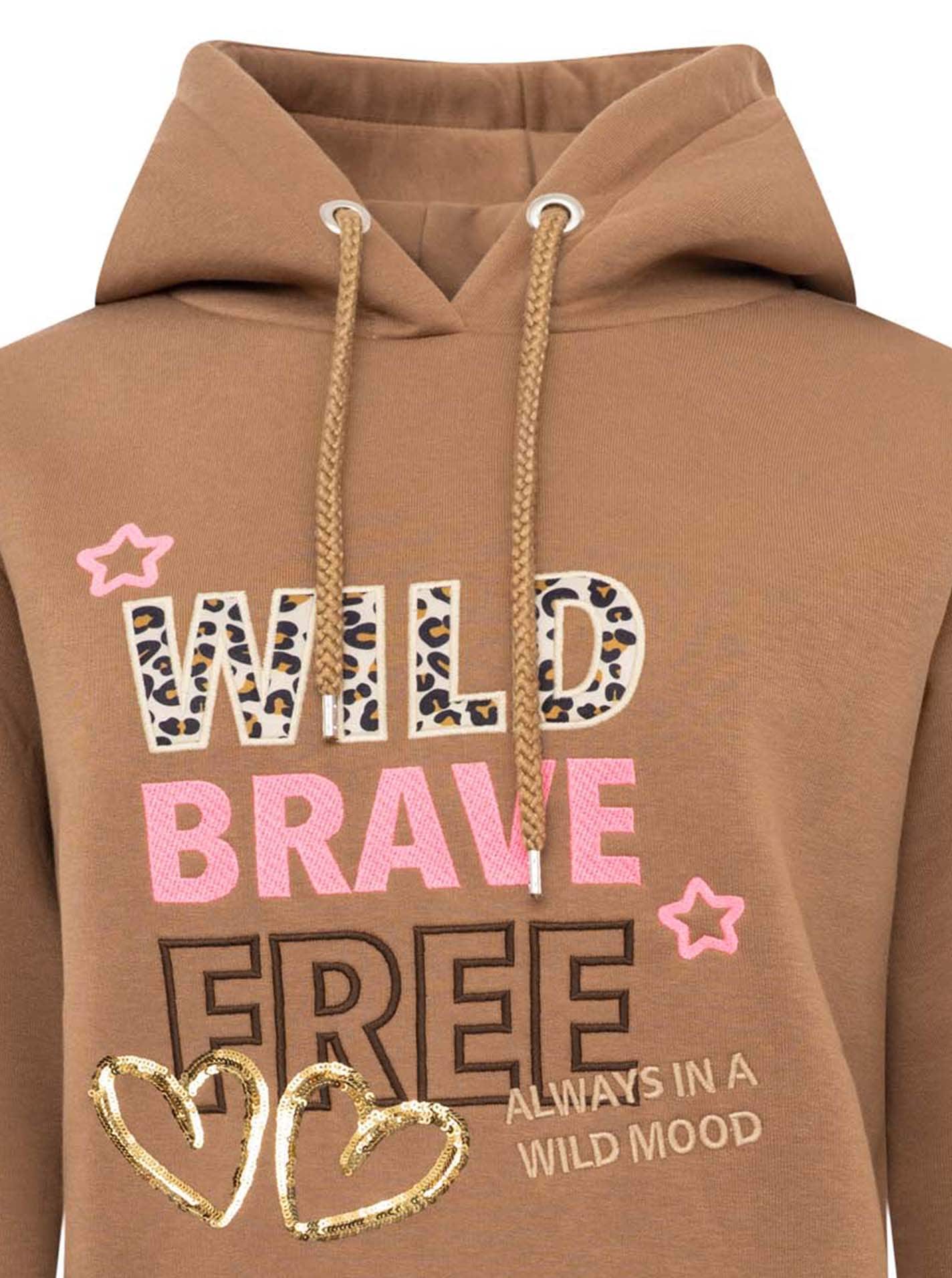Zwillingsherz Hoodie »"Wild Brave Free"«, gestickter Schriftzug, mit Pailletten, Leomuster, Fronttasche, Kapuze
