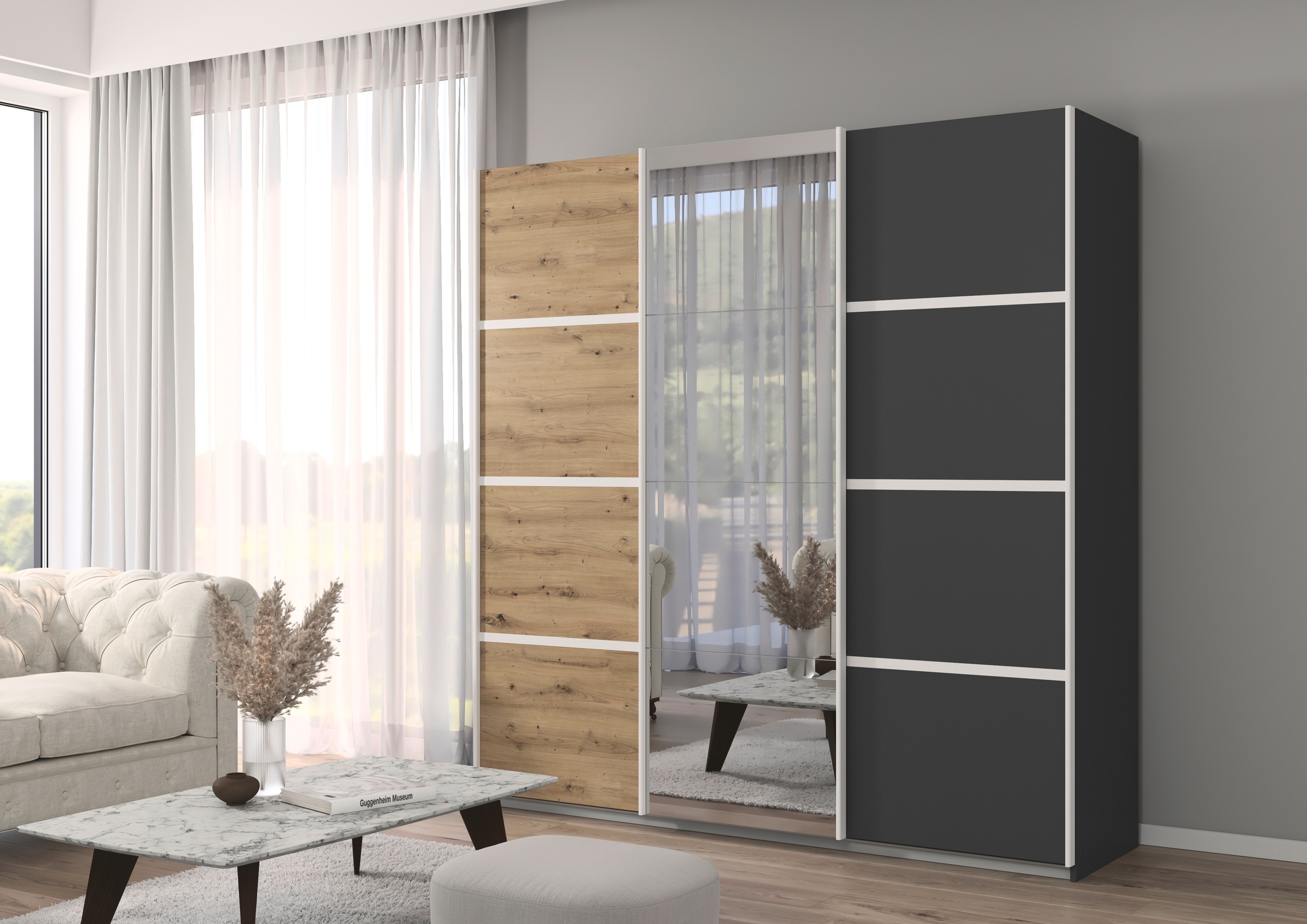 rauch Kleiderschrank »Schwebetürenschrank Garderobe Schrank TOP ANGEBOT Avola«, (in 3 verschiedenen Ausstattungen BASIC/CLASSIC/PREMIUM inkl. Spiegel), mit eleganten Zierleisten in Chrom, Schwarz oder Weiß MADE IN GERMANY