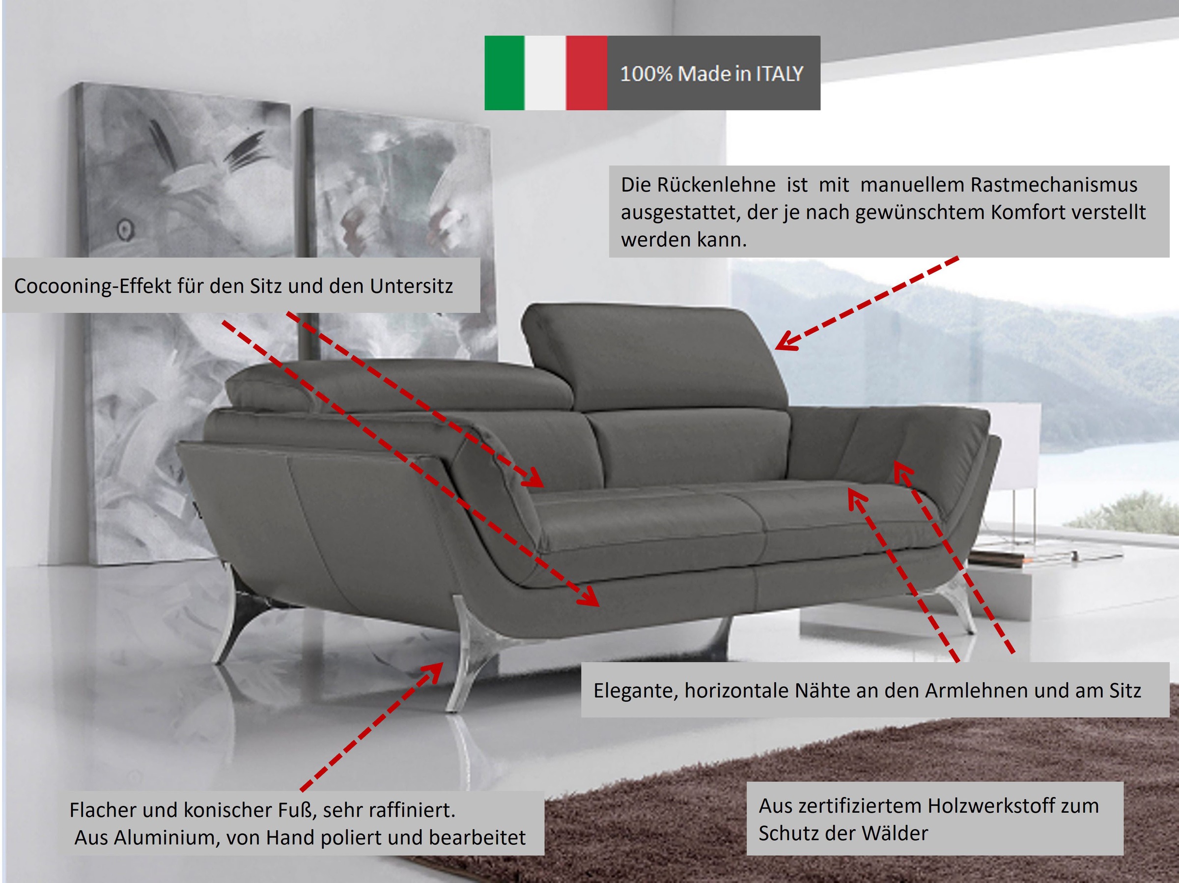 Egoitaliano 2,5-Sitzer »Sueli, extravagantes Design und erstklassiger Sitzkomfort,«, Bezug Leder, inklusive Kopfteilverstellung