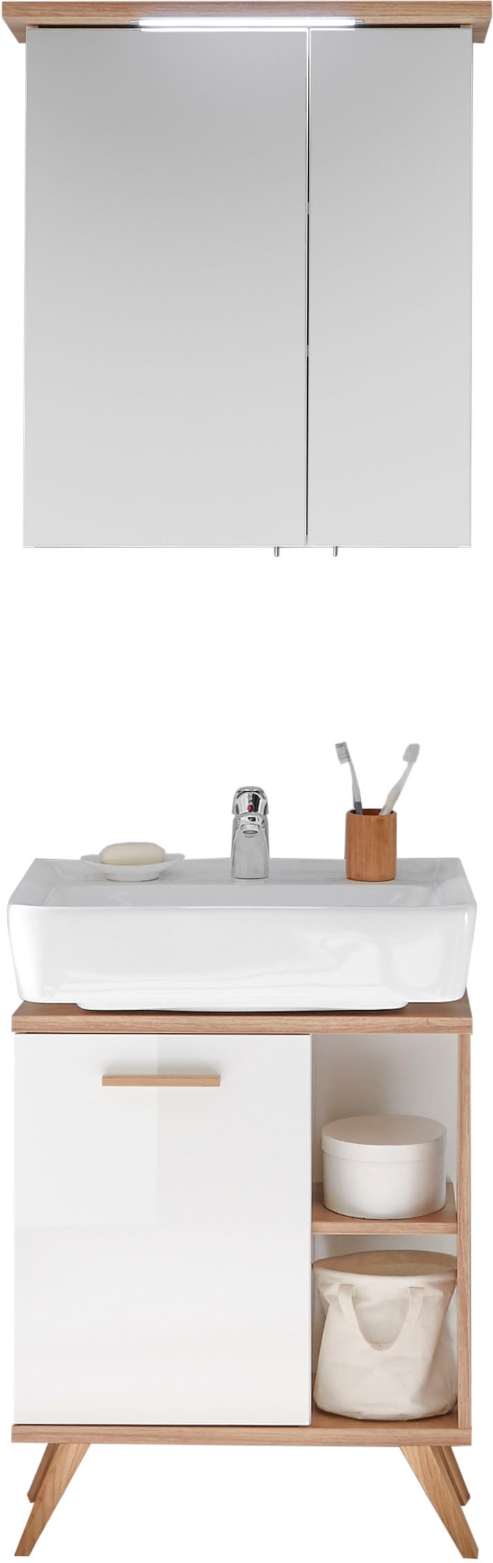 Saphir Badmöbel-Set »Quickset 2-teilig, Waschbeckenunterschrank mit LED-Spiegelschrank«, (2 St.), Waschplatz inkl Türdämpfer, 3 Türen, 2 Einlegeböden, setiliche Ablagen