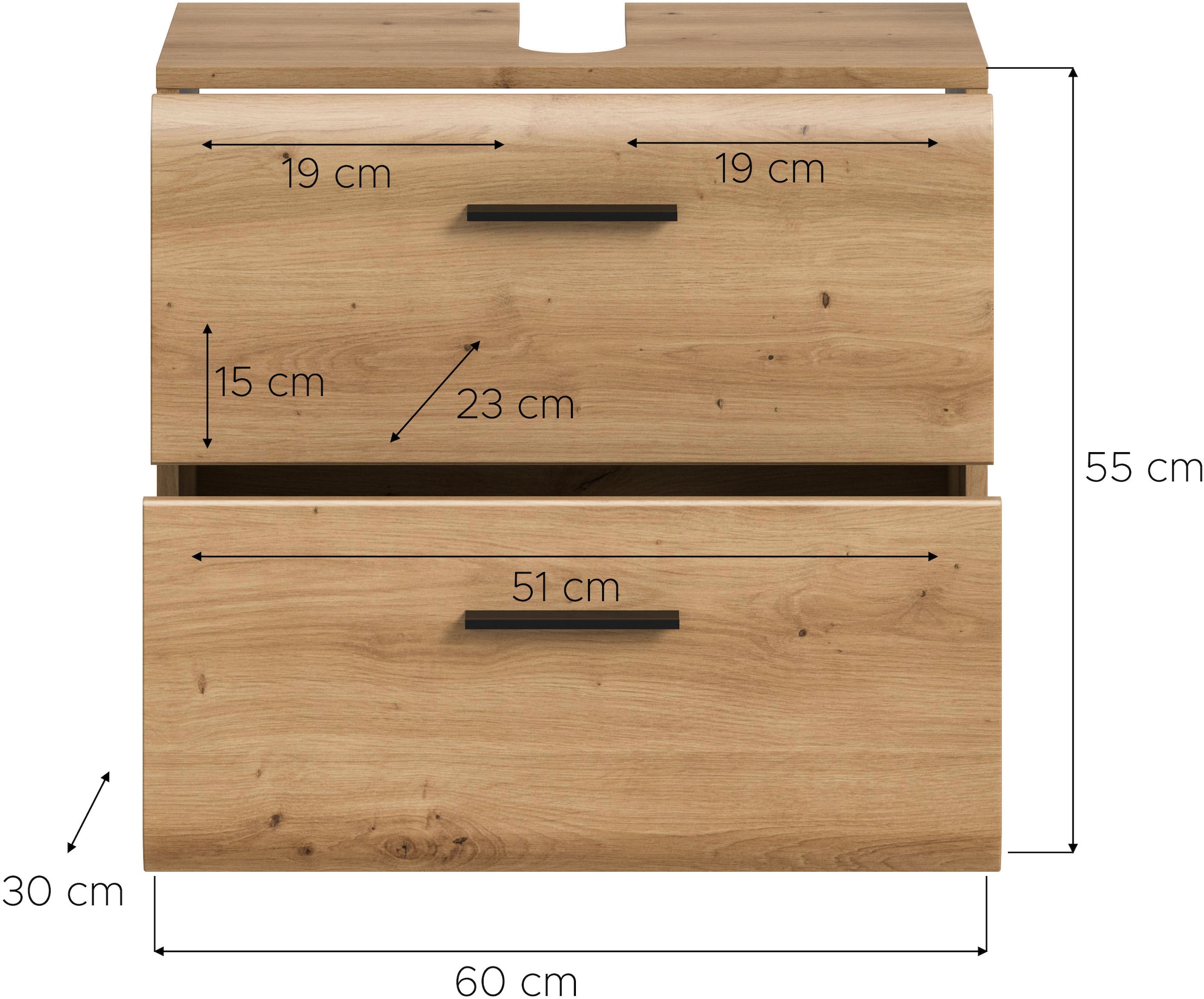 INOSIGN Waschbeckenunterschrank »FLORENZ, TOPSELLER!, Breite 60 cm, 2 Schubkästen,ink. Siphonausschnitt«, (1 St., TOPSELLER!), hochwertige MDF Front, Griff schwarz, Badschrank, Bad