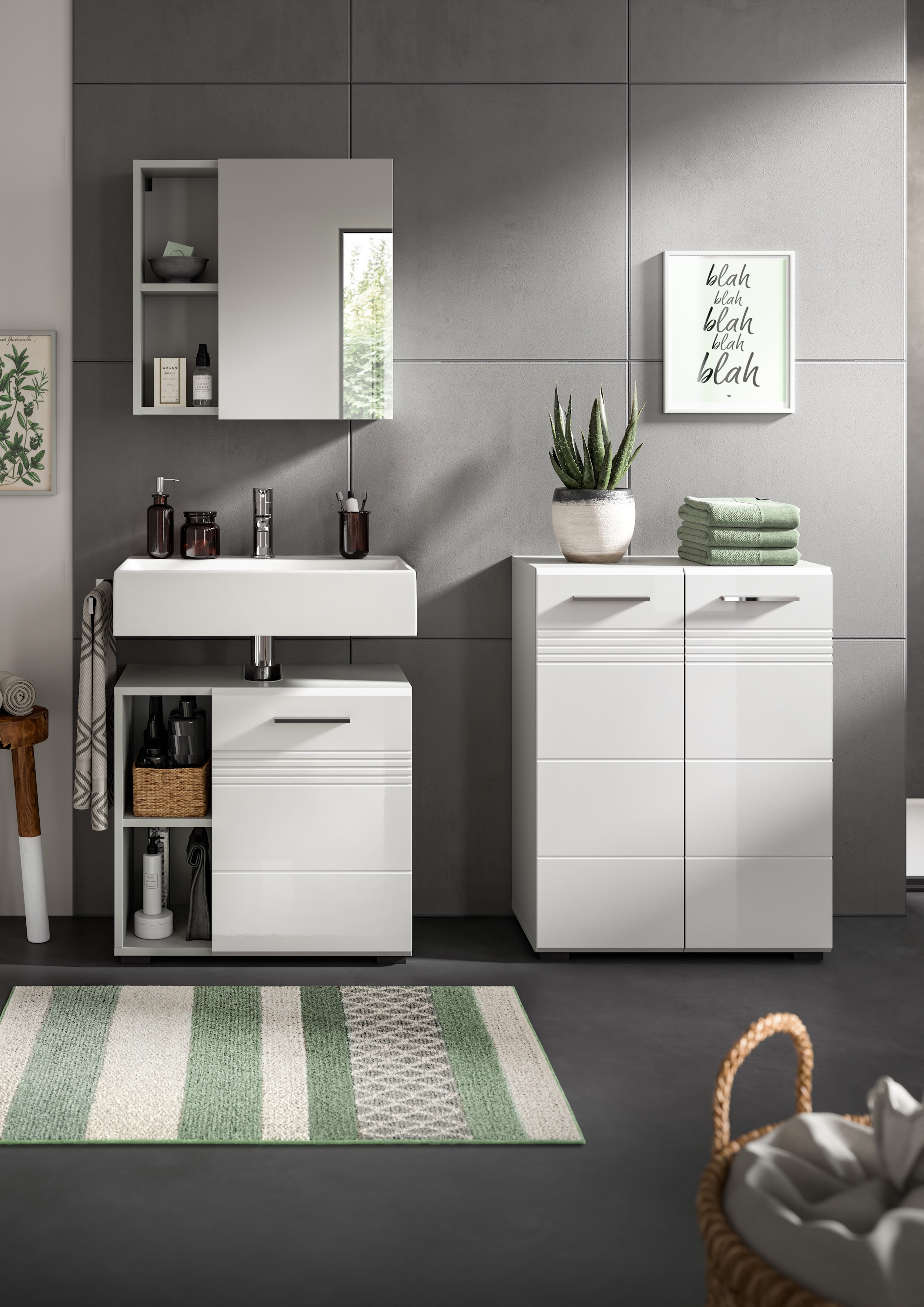 welltime Badmöbel-Set »Calicio, bestehend aus: Midischrank, Waschbeckenunterschrank,«, (3 St.), Spiegelschrank, hochwertige MDF Front mit Rillenfräsung