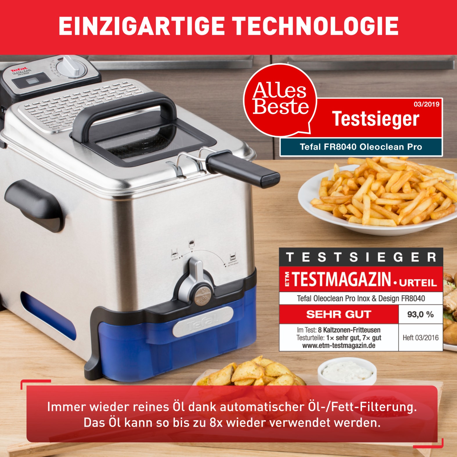 Tefal Kaltzonenfritteuse »Oleoclean Pro Inox & Design«, 2300 W, automatische Öl/Fett Filterung, Timer, Thermostat, 3,5l Öl, FR8040