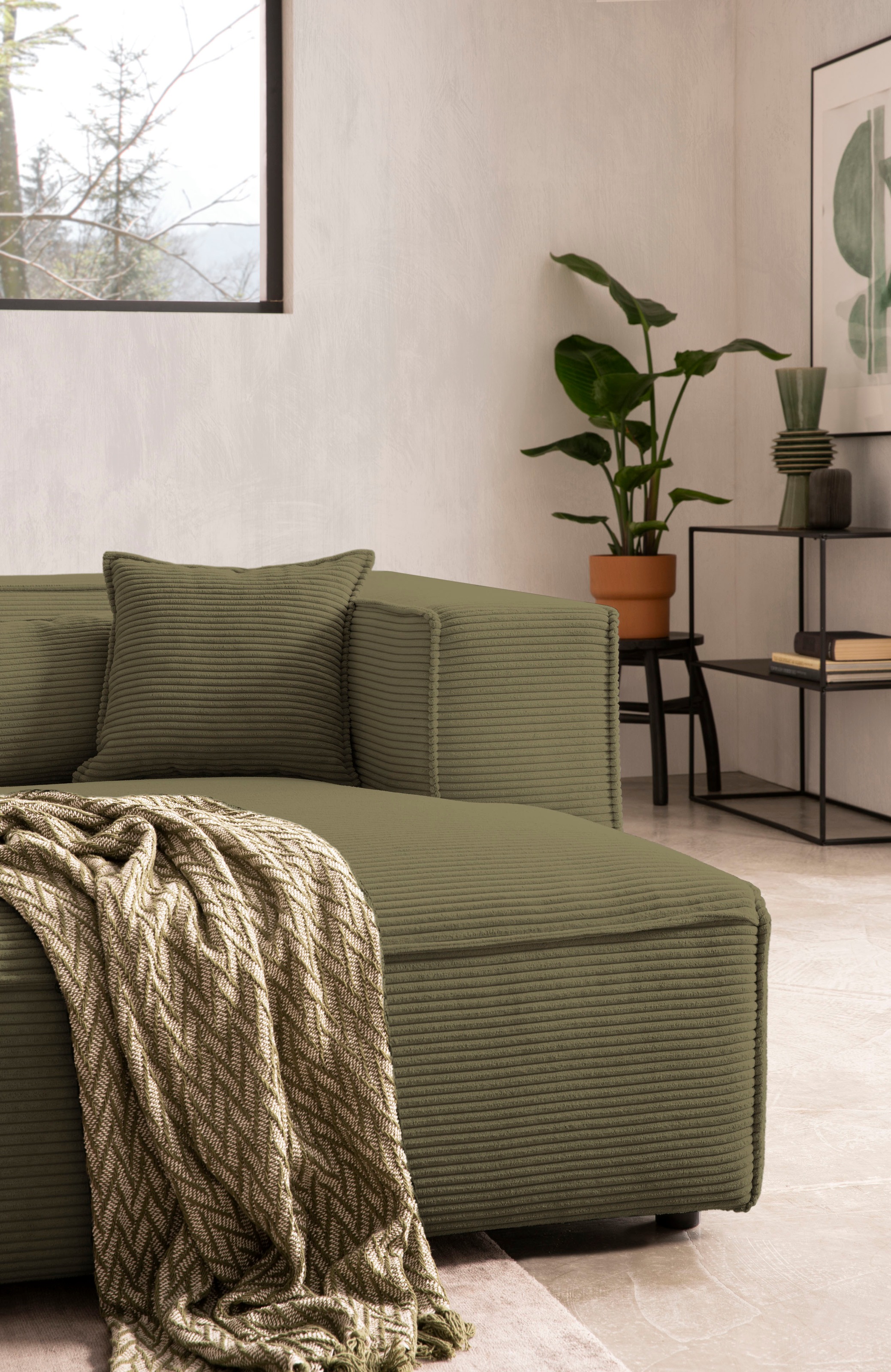 LeGer Home by Lena Gercke Ecksofa »PIARA mit Kedernaht in Cord oder Leinenoptik, moderne Couch in L-Form«, wahlweise Ottomane rechts/links, schwarze Füße, bequemer Sitzkomfort
