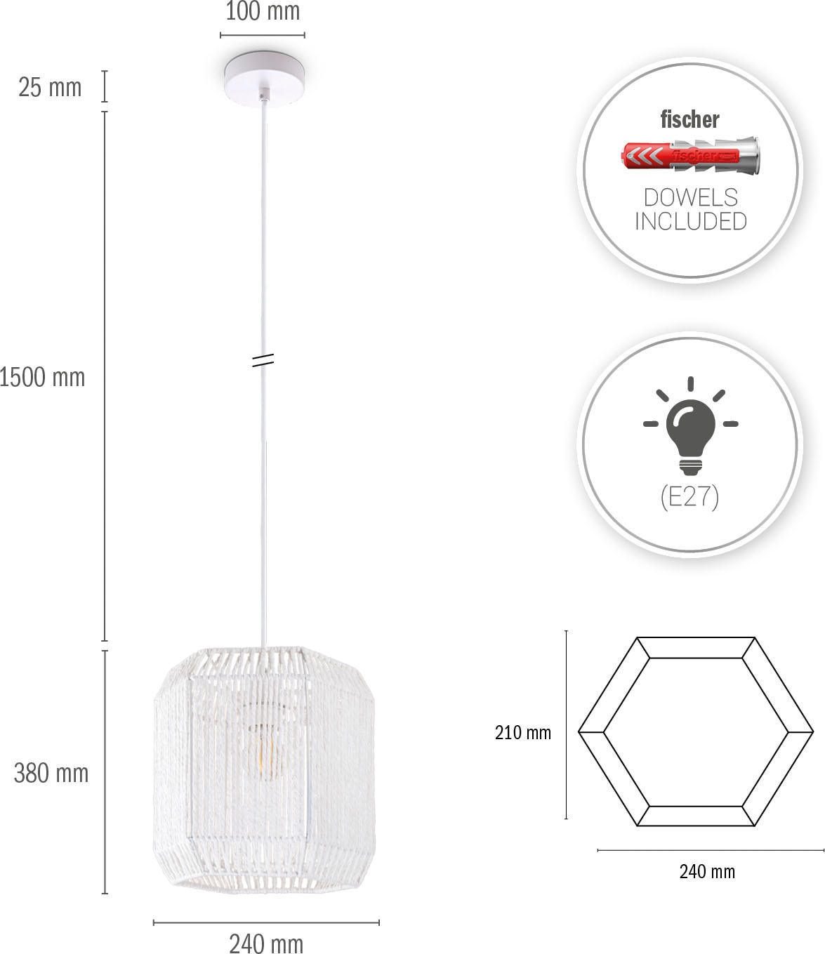Paco Home Pendelleuchte »Hugo Pepe«, Leuchtmittel E27 | ohne Leuchtmittel, Wohnzimmer Esszimmer Rattan Optik Boho Schirm Papier Sechseckig