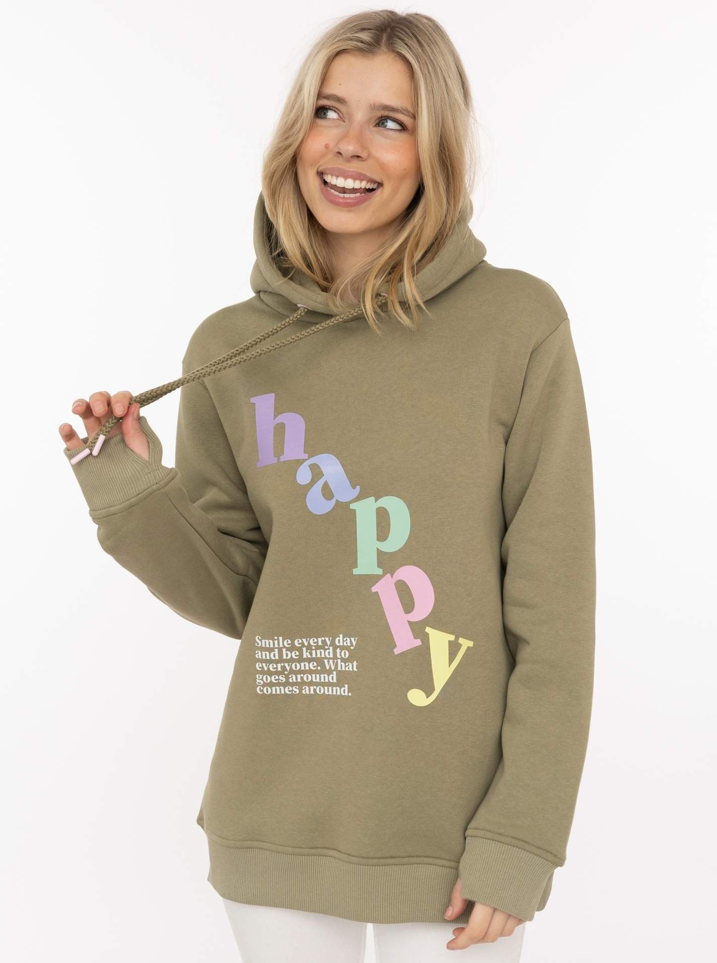 Zwillingsherz Hoodie »"happy"«, großer „Happy“ Print , Kapuze mit Kordel, elastische Bündchen
