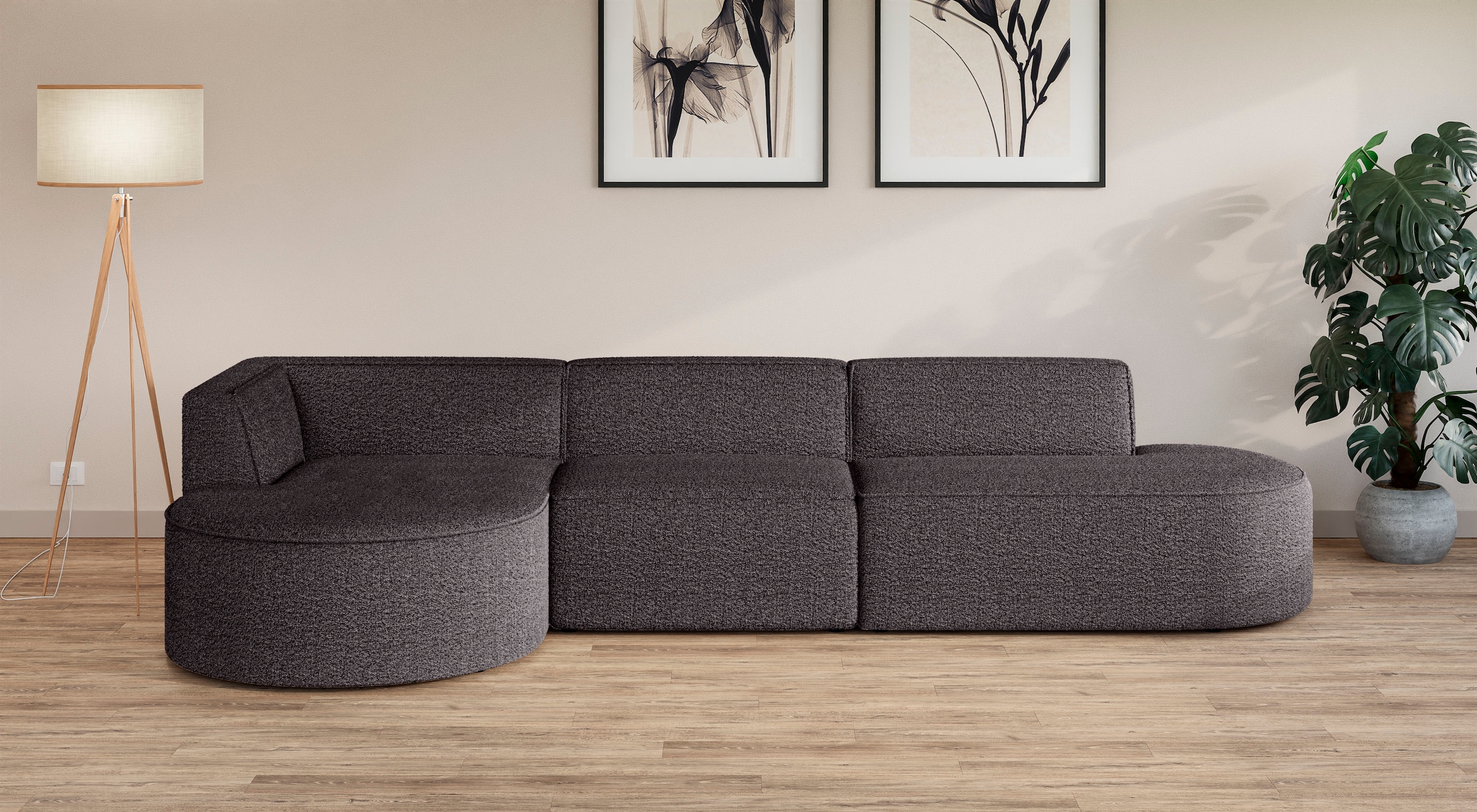 andas Ecksofa »EIVIND Designer Sofa mit Ottomane rechts/links, B/T/H: 343/159/72 cm«, L-Form mit Wellenunterfederung, auch in Feincord und Bouclé